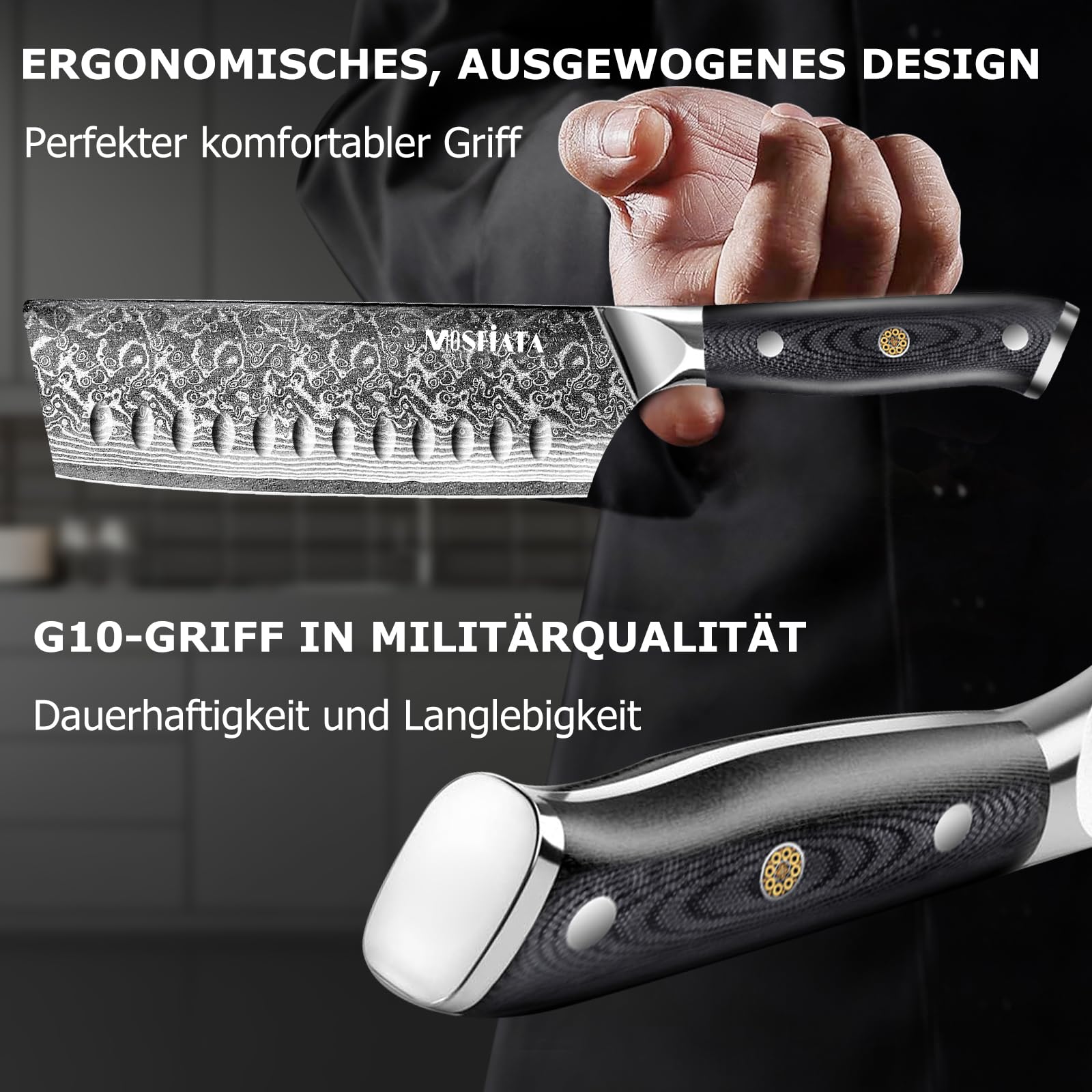 MOSFiATA Damastmesser Nakiri Messer 18 cm, Vatertagsgeschenk für Papa, Kochmesser Damast Küchenmesser Damaststahl Japanisches Messer Scharf Profi Fleischmesser mit Wetzstahl