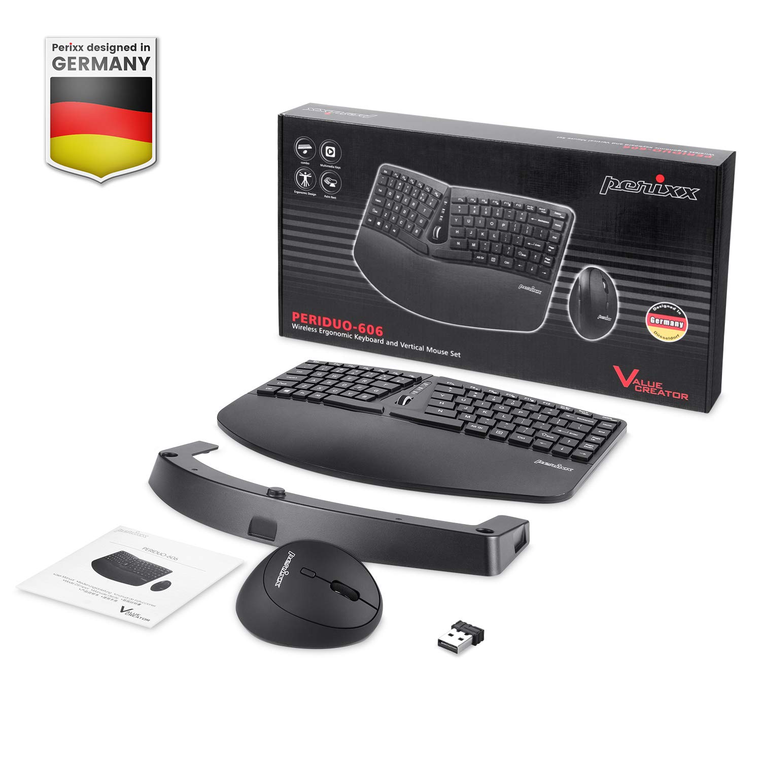 Perixx Periduo-606 - Juego de Teclado Compacto ergonómico y ratón Vertical inalámbrico, reposamuñecas Ajustable y Teclas de Perfil bajo, dpi Ajustable, QWERTY español