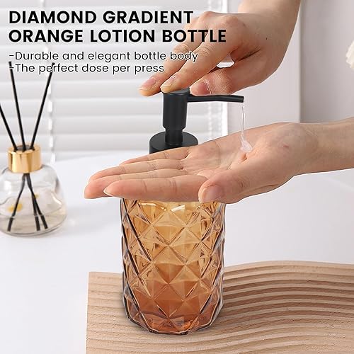 Miniatura 5 de Top-spring Dispensador de jabón de vidrio ámbar de 12 onzas con bomba  Dispensador de jabón de loción recargable con diseño de diamante para baño y