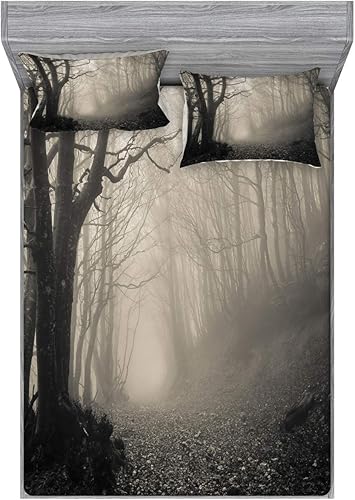 Lunarable Juego de sábanas bajeras góticas y fundas de almohada, camino en el bosque gótico, árboles a través de niebla misteriosa naturaleza disponible en Yaxa Peru