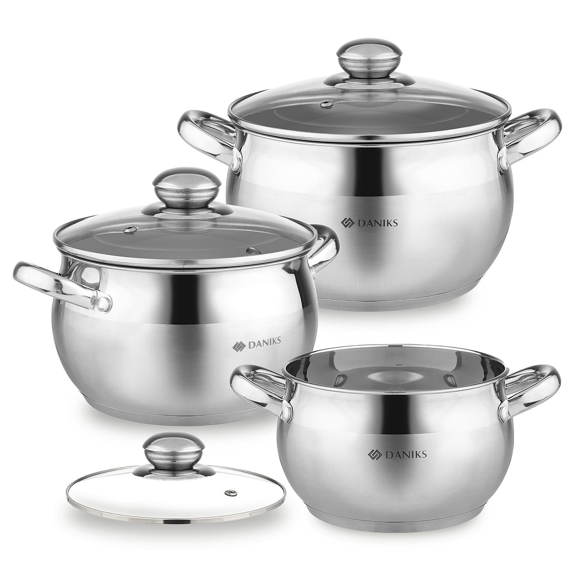 Classic 6-Piece Stainless Steel Cookware Set with Glass Lids, Tri-Ply Bases for Even Heating, Induction Compatible, Dishwasher Safe