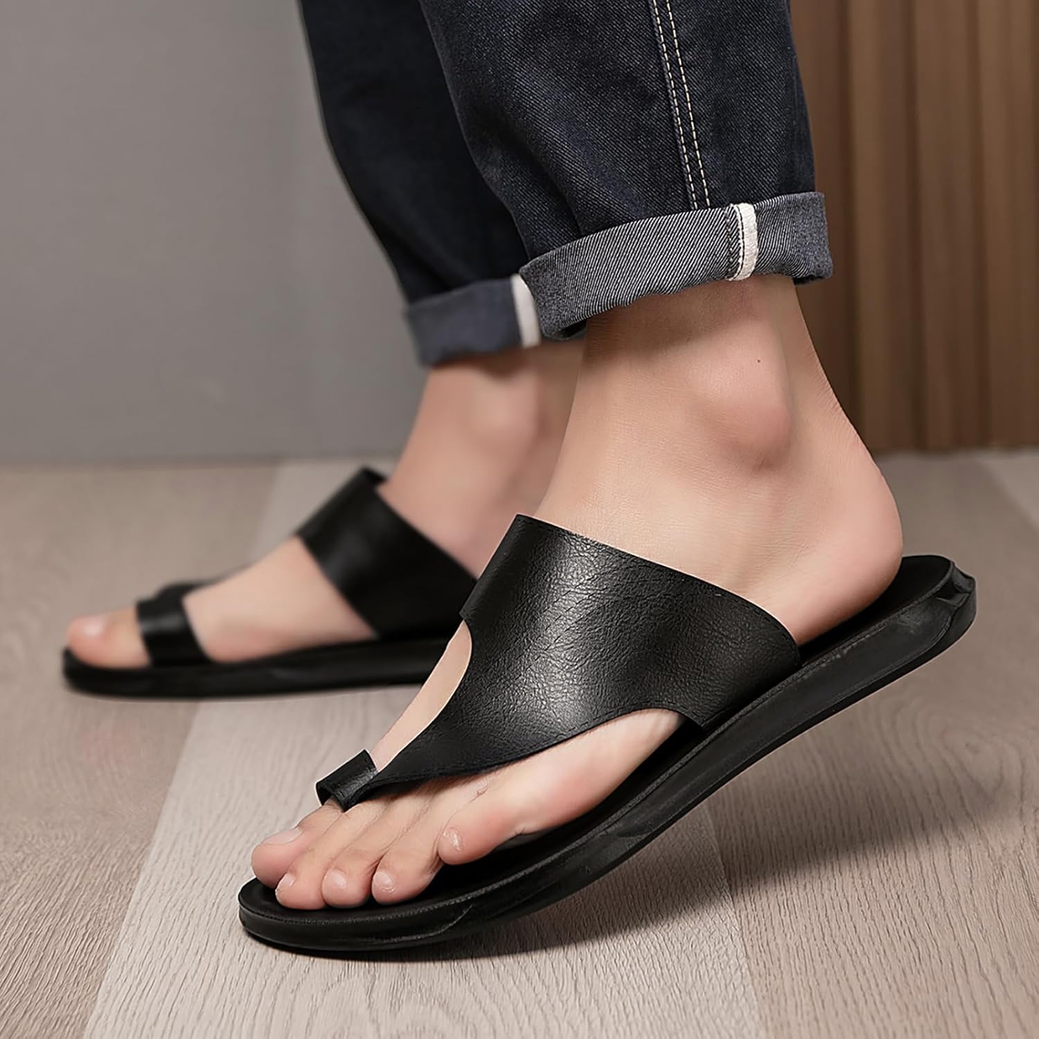 Men's Leather Hollow Flat Flip Flops Sandals Casual Open Toe Comfort Arch Support Soft Bottom Slip On Orthotic Slides Summer Lightweight Anti-Slip Walking Beach Sandals - Image 3