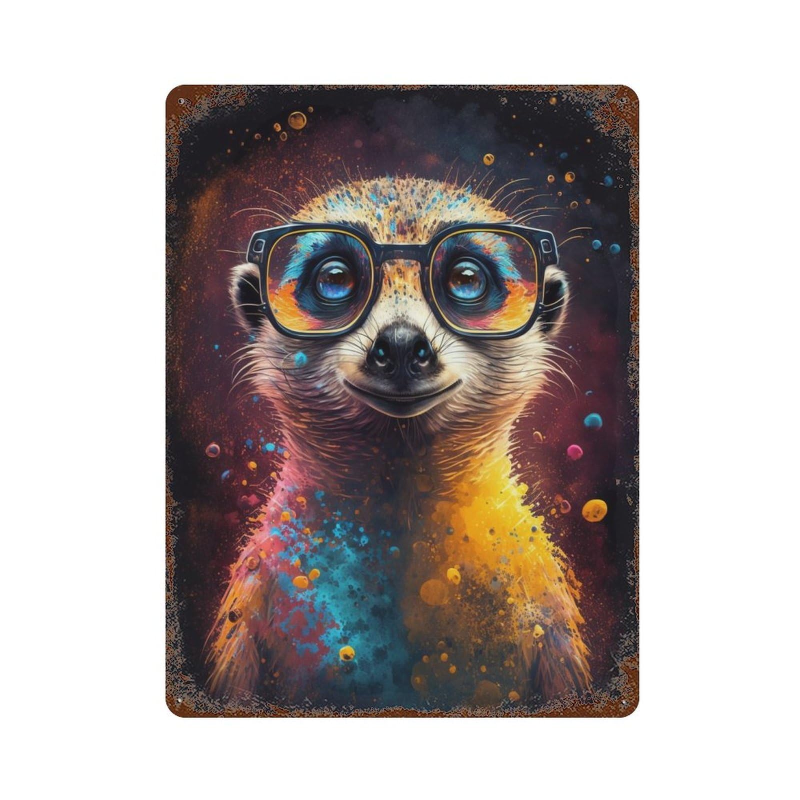 Colorful Meerkat with Glasses-7 Rustic Tin Plaque 15.7"x11.8", Classic Wall Plaque for Garage, Pub Or Kitchen