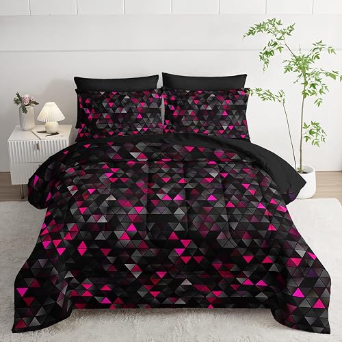 Nttopship Geometric Pink Black Triangle Full Size Comforter Set,Light Honeycomb 