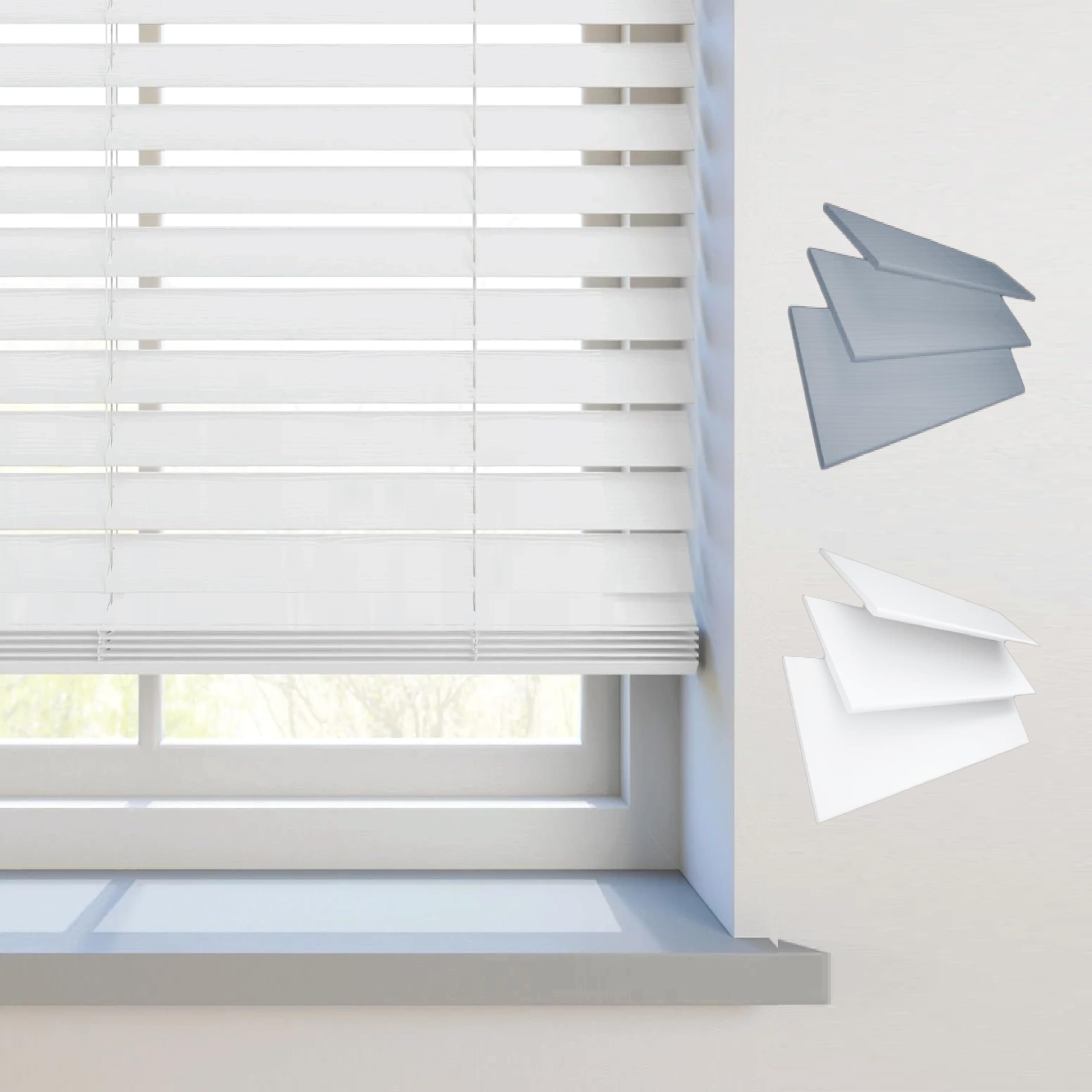 REHAN & CO Faux wood window Venetian Blinds 50mm Slats with String/Tape Blinds Aluminium Headrail Trimmable Child Safe Home Office Window Blind (White String, 174Wcm x 213Hcm)