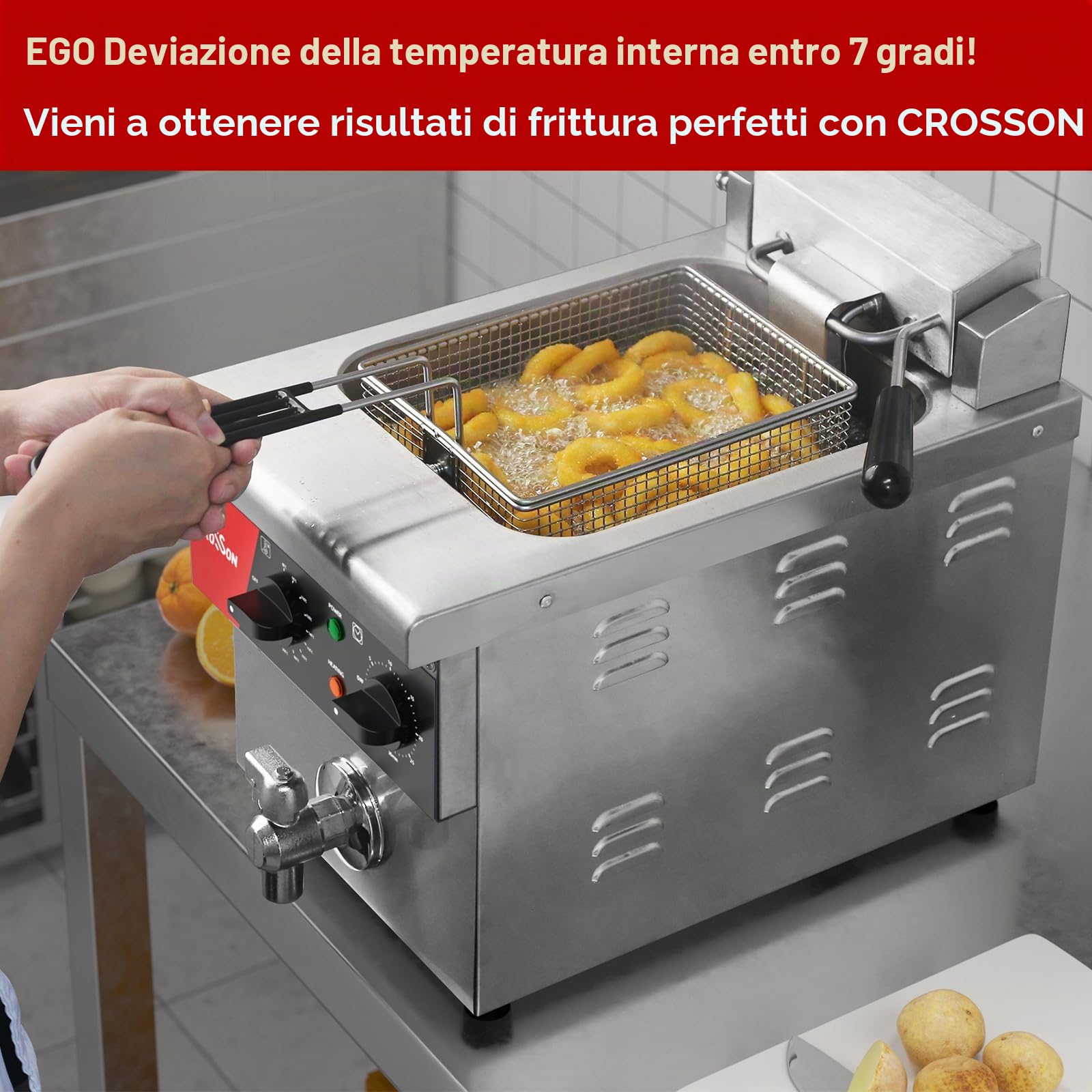 CROSSON Friggitrice Professionale 8 Litri,230V/3250W Friggitrice Elettrica ad olio Commerciale in Acciaio Inox con Rubinetto di Scarico,Controllo Temperatura 80-200°C,per Cucina Ristorante