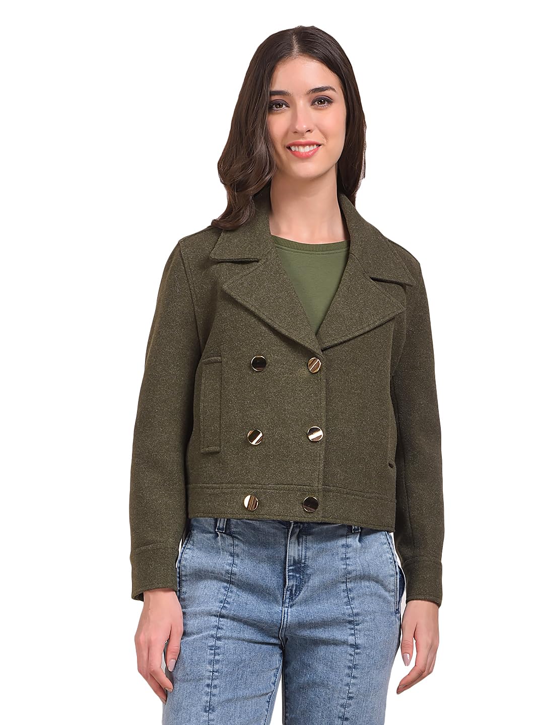crimsoune club Women's Olive Notched Lapel Double-Breasted Coat-picture-27