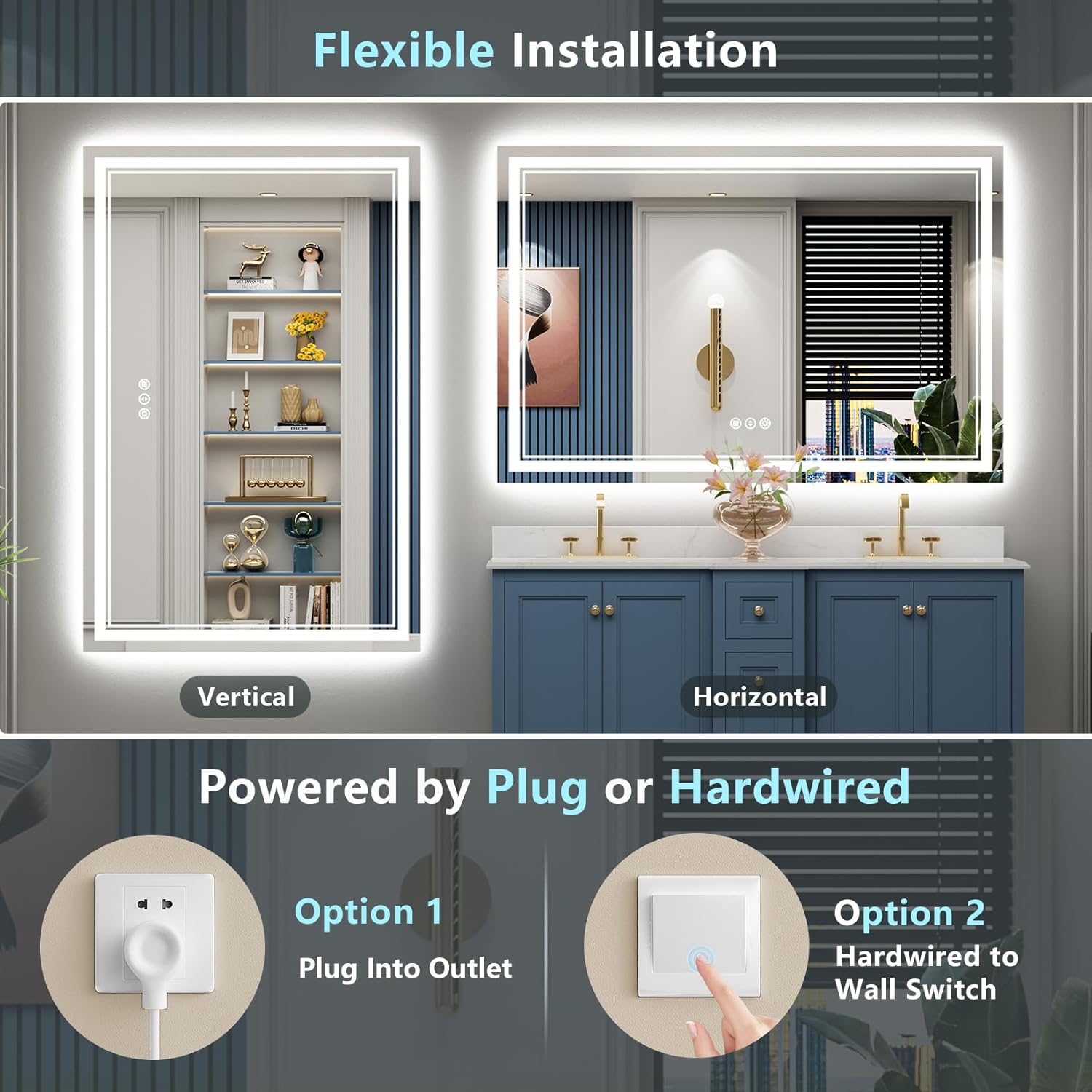 60x40 LED Bathroom Mirror with Lights, Backlit and Front Lit Anti-Fog Lighted Vanity Mirrors for Bathroom Wall, Dimmable, 3-Color Light, Memory, Shatter-Proof, HD Tempered Glass, CRI＞90