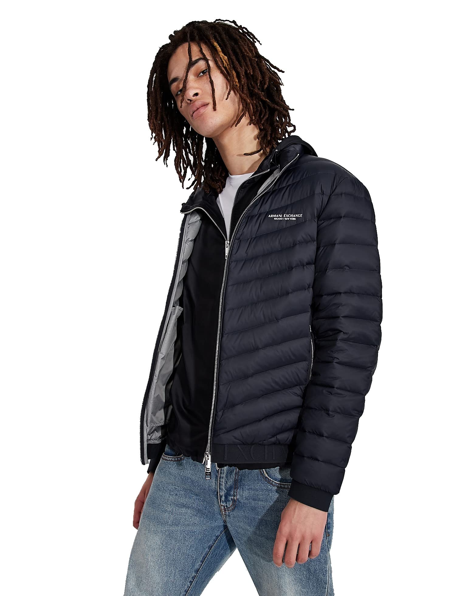 Armani Exchange Mens Down Puffer Jacket With Hood Navy/melange Grey S