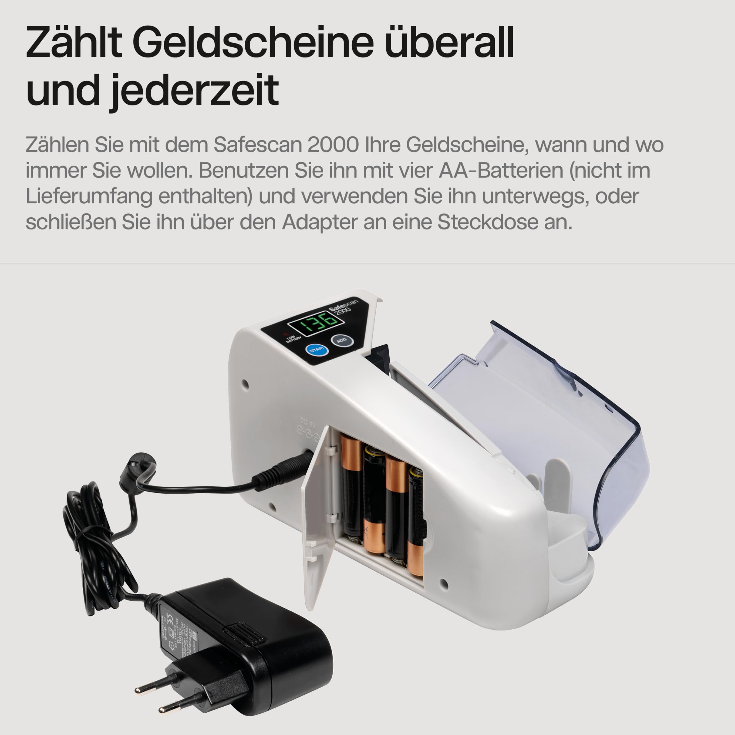 Safescan 2000 Tragbare Geldzählmaschine, zählt sortiert Geldscheine - Banknotenzähler für unterwegs - zählt sortierte Banknoten aller Währungen