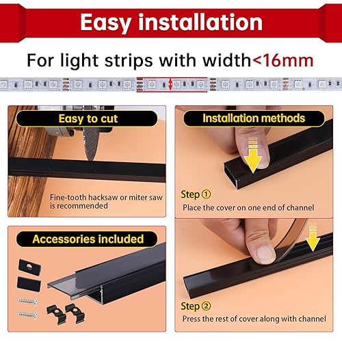 Miniatura 4 de Muzata Paquete de 20 unidades de 33 pies33ft con cubierta de tira LED negra ahumada de cristal perfil bajo súper ancho para tiras de luces LED