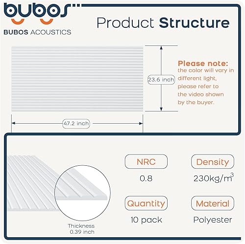 Miniatura 2 de BUBOS Paquete de 10 paneles acústicos grandes de 47.2 x 23.6 x 0.4 pulgadas, paneles de espuma autoadhesivos a prueba de sonido, paneles decorativos