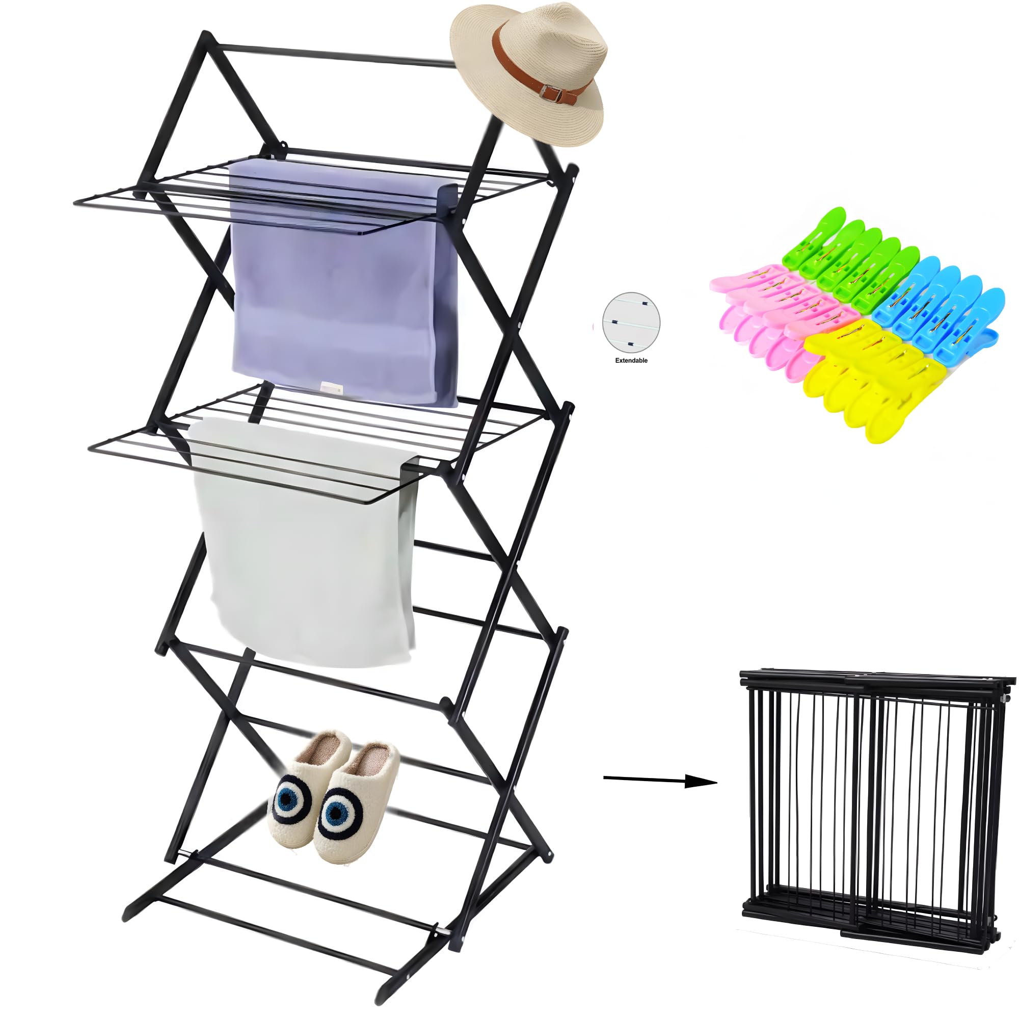 Black Best Clothes Airer, 3-Tier Foldable & Expandable Stainless Steel Drying Rack With 20 Laundry Pegs & Clips For Clothes, Underwear Etc...