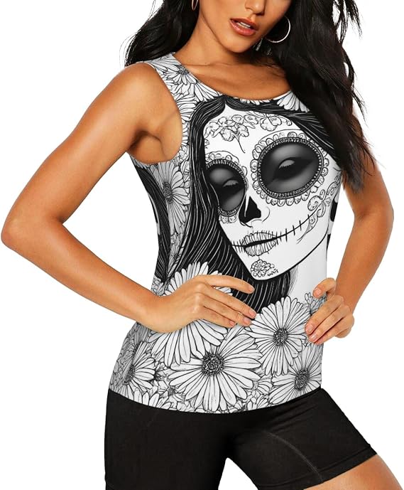 Floral Sugar Skull Portrait for Women's Sleeveless Workout Tank Top, Athletic Shirts Yoga Running Gym