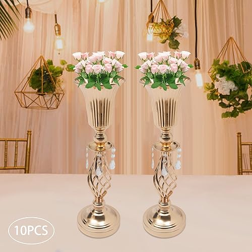 Miniatura 9 de 10 centros de mesa de boda de metal altos para mesas de recepción, soporte de jarrón dorado para flores, jarrón de flores de 20 pulgadas de alto