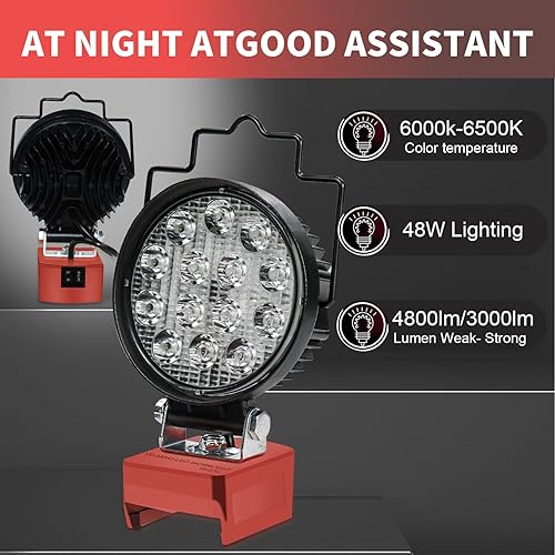 Miniatura 6 de Luz de trabajo LED para batería Milwaukee de 18 V, foco M18 de 48 W, 4800 LM3000 LM, luz de inundación inalámbrica redonda para exteriores con