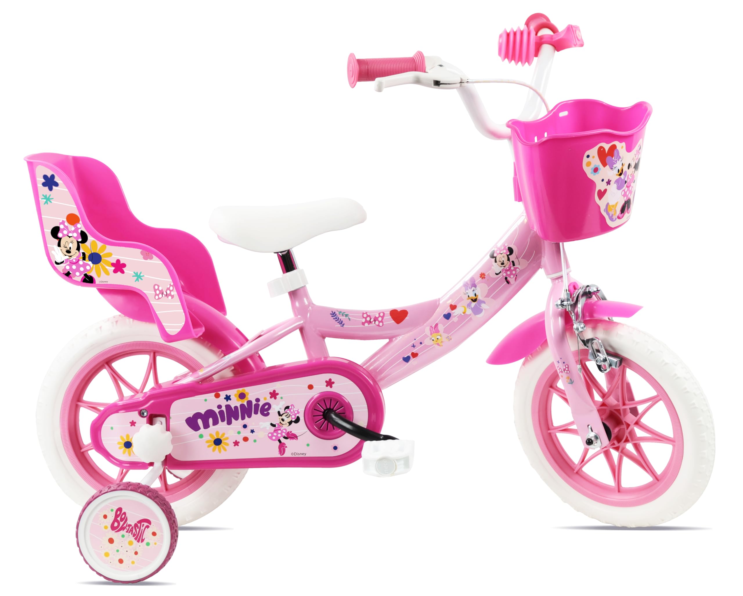 Disney Bicicletta da bambino 12' Minnie dotata di 1 freno, cestino anteriore, porta bambola posteriore, parafanghi, carter e stabilizzatori rimovibili senza attrezzi.