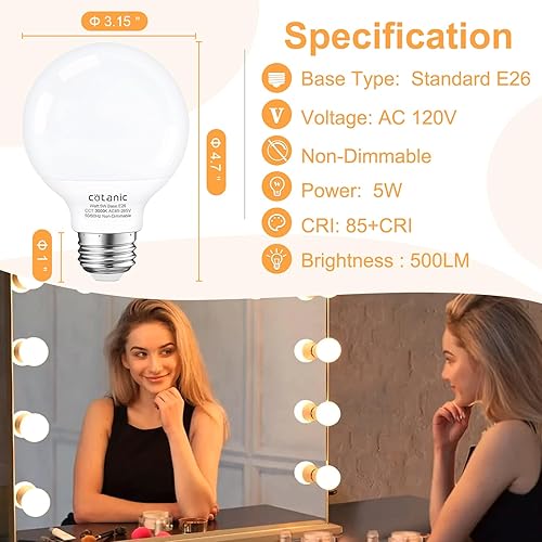 Miniatura 2 de Cotanic Paquete de 12 bombillas LED G25 de 3000 K, color blanco suave, bombilla redonda para baño, base estándar E26, 5 W, reemplazo incandescente