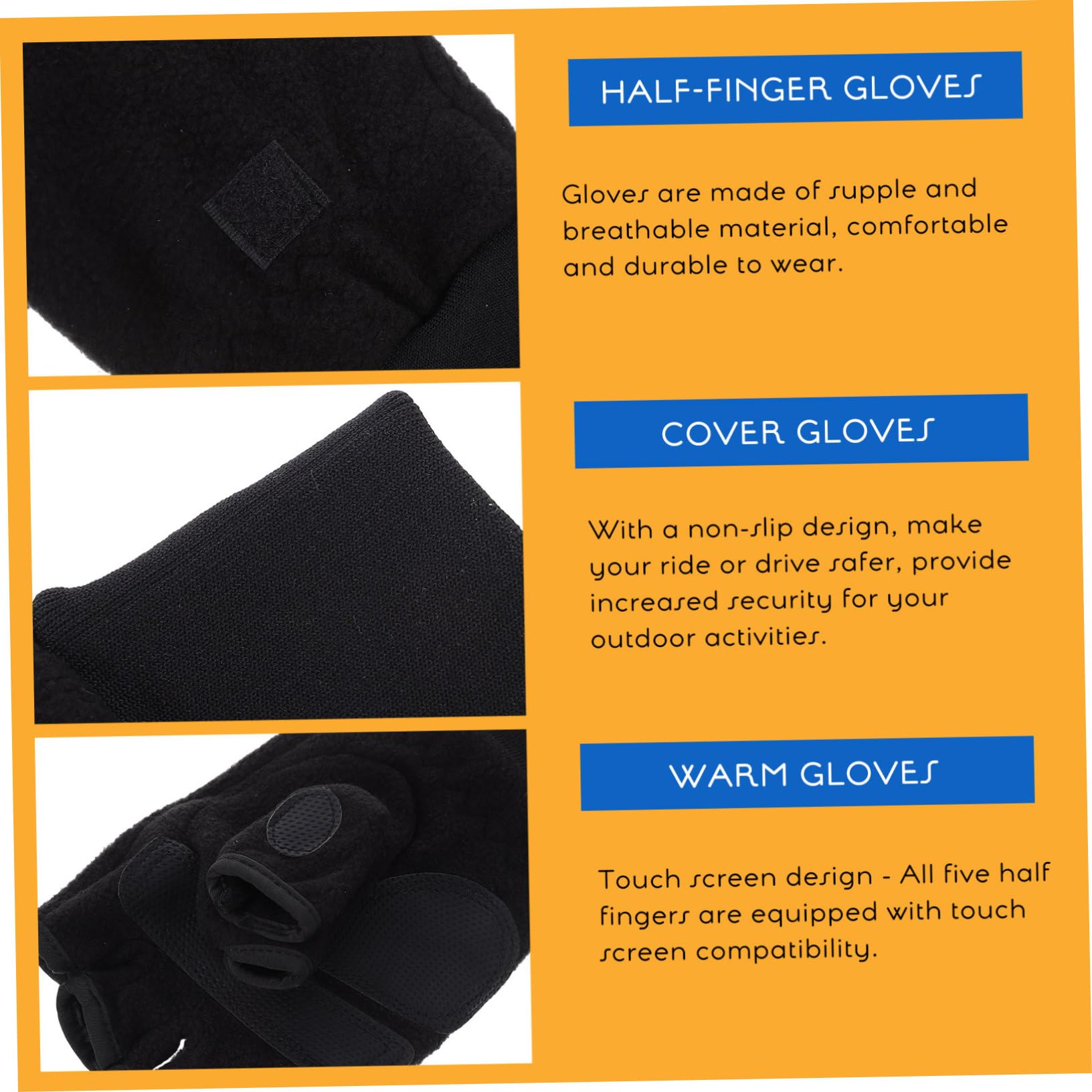 Holibanna Guantes de medio dedo gym gloves frío lana calentadores de guantes de mano cálido térmico guantes resistentes al desgaste guantes polares de medio dedo forro polar Black