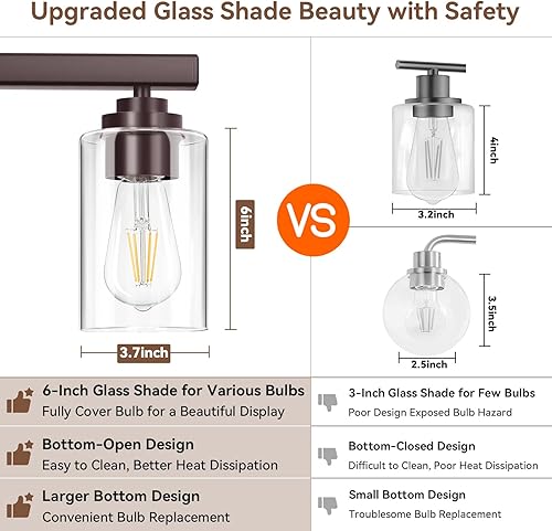 Miniatura 4 de Lámparas de baño de 3 luces, 19 pulgadas, modernas luces de tocador sobre espejo con pantallas de vidrio transparente, accesorio de luz marrón,