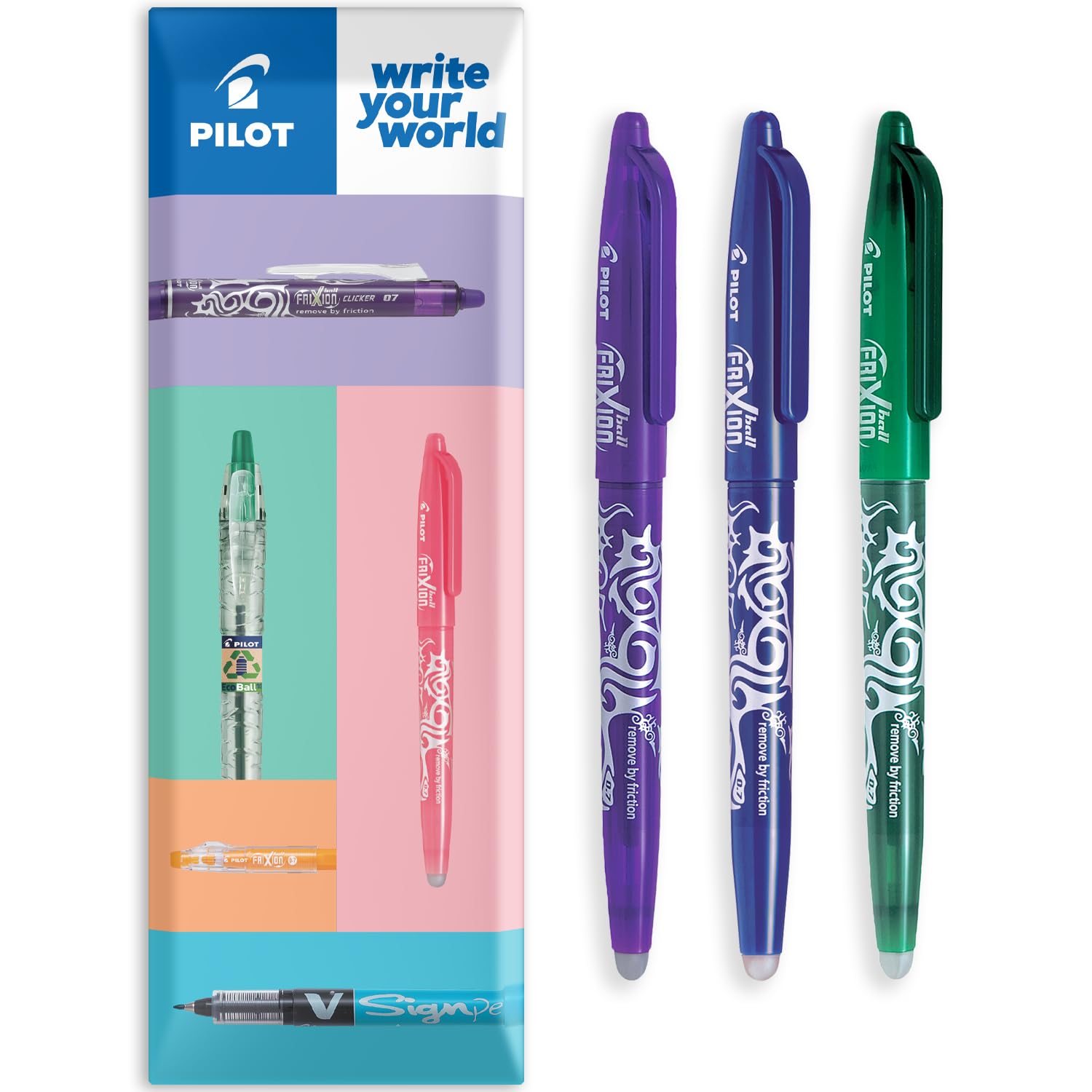 PILOT Frixion Heat/Friction Erasable Rollerball Pen FR7 - Medium Line 0.7mm Tip Nib - In Envelope Gift Packaging - Pack of 3 (Blue/Green/Violet)