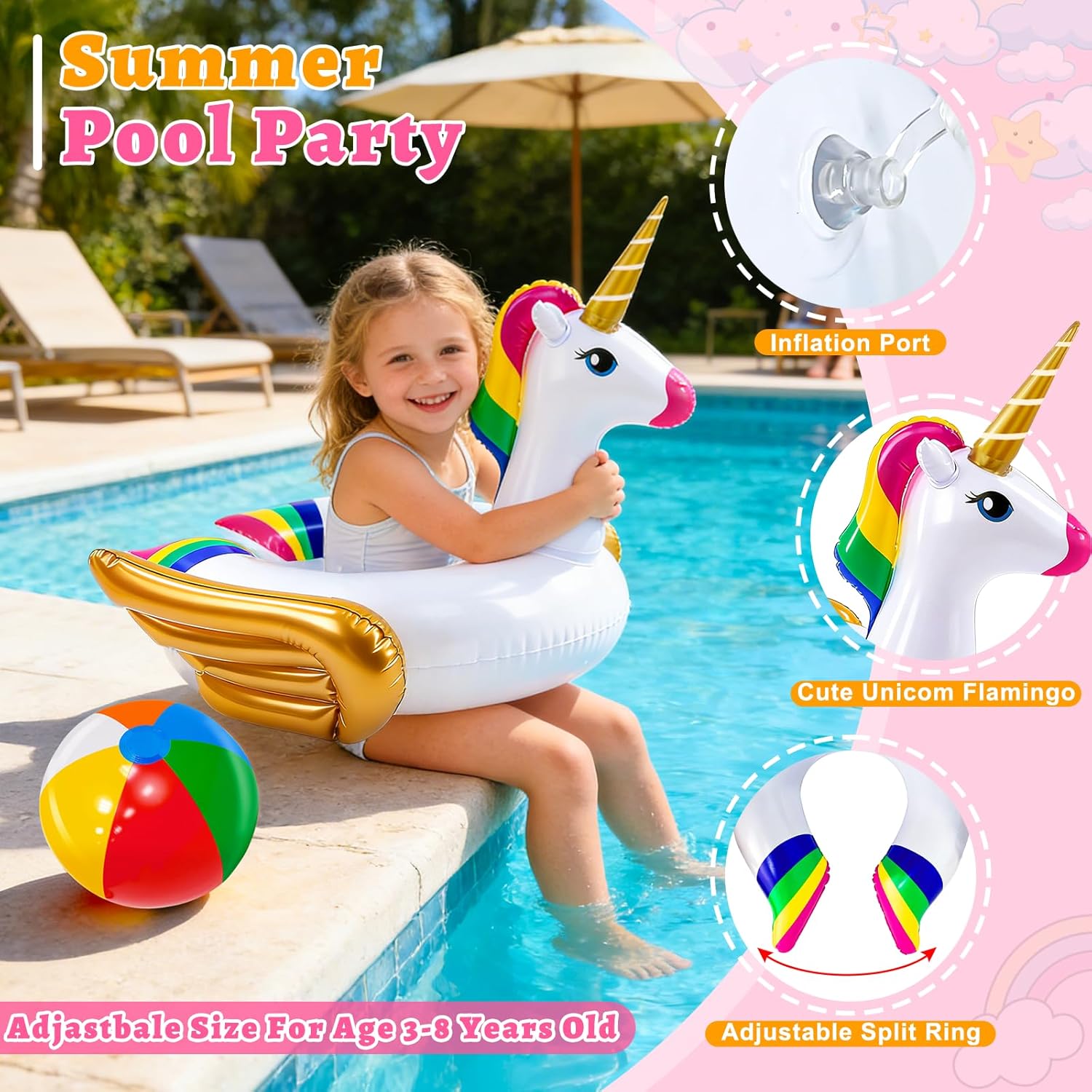 2 Pcs Pool Floats for Kids-Unicorn Swim Floats & Beach Ball Summer Beach Pool Toys,Inflatable Pool Floaties Unicorn Swimming Ring Ride On for Kids 3-8 Years Girls Boys Toddler Summer Party Water Toys