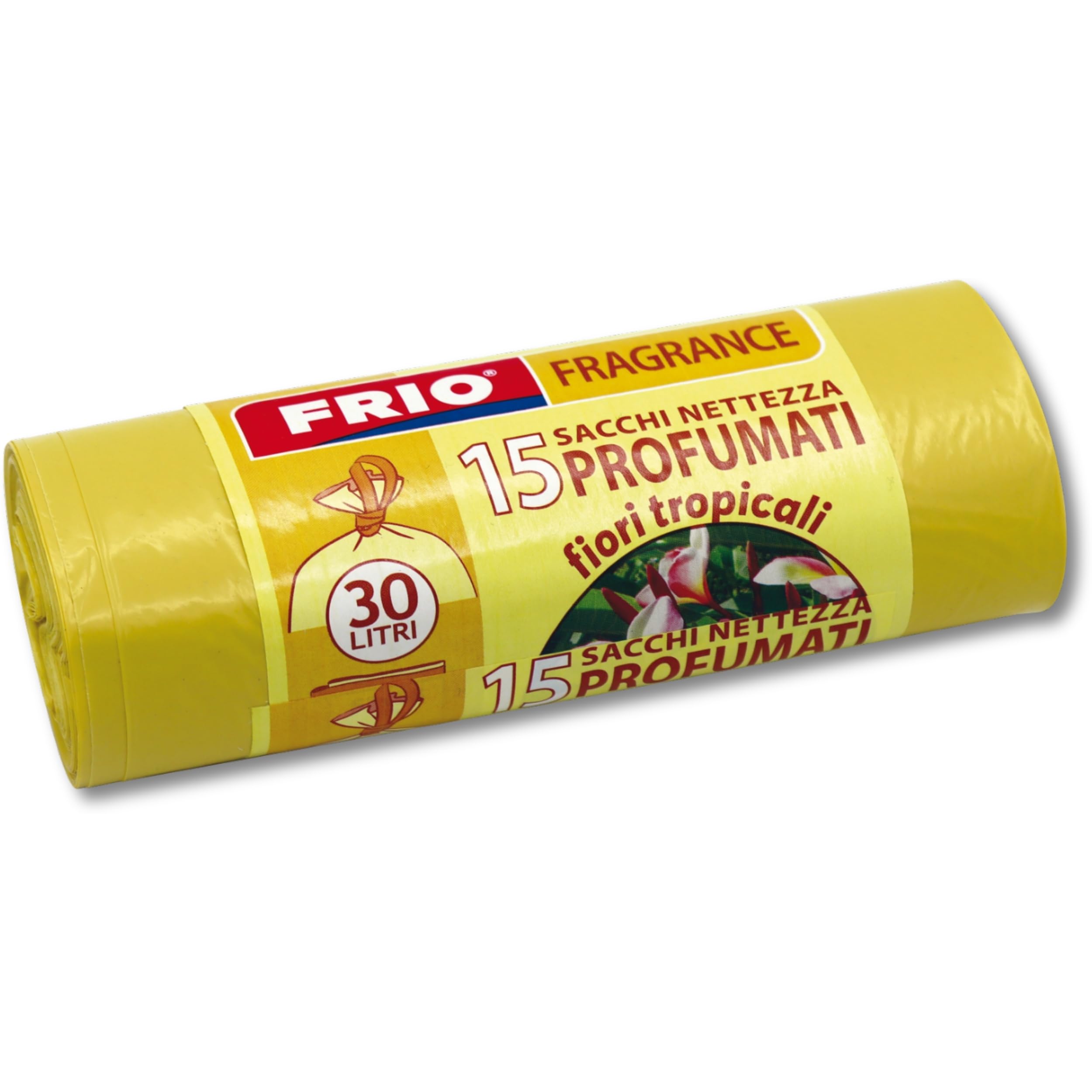 FRIO Aroma – 360 bolsas de basura perfumadas 30 L, 24x15 uds, amarillo | Aroma Flores Tropicales | 52x58 cm | Bolsas resistentes pequeñas para cocina y reciclaje