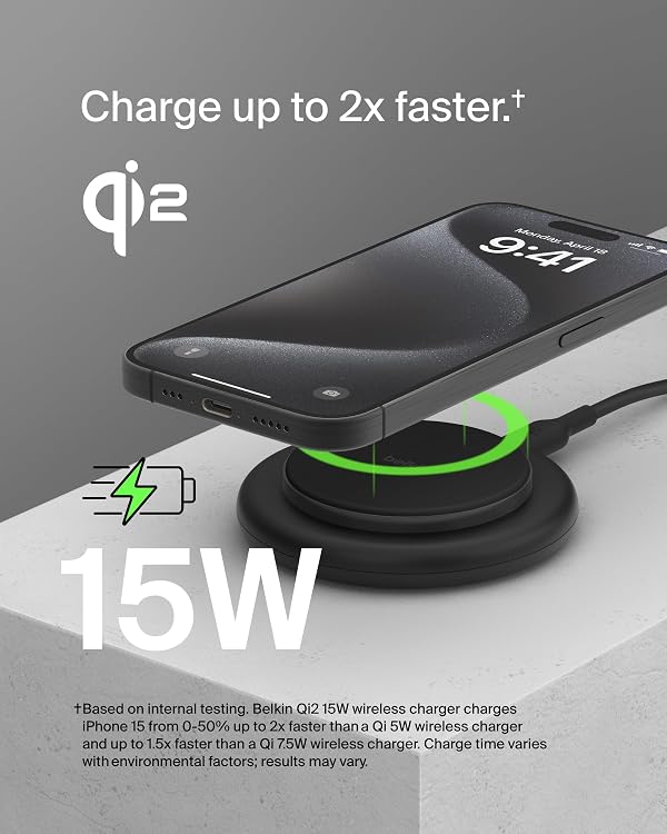 Belkin Magnetic Wireless Charging Pad 15W - MagSafe-Compatible Qi2-Certified Wireless Charging Station, iPhone Charger for Apple iPhone 16, 15, 14 Series, AirPods w/Non-Slip Base - Black (No PSU) by Belkin - Image 2