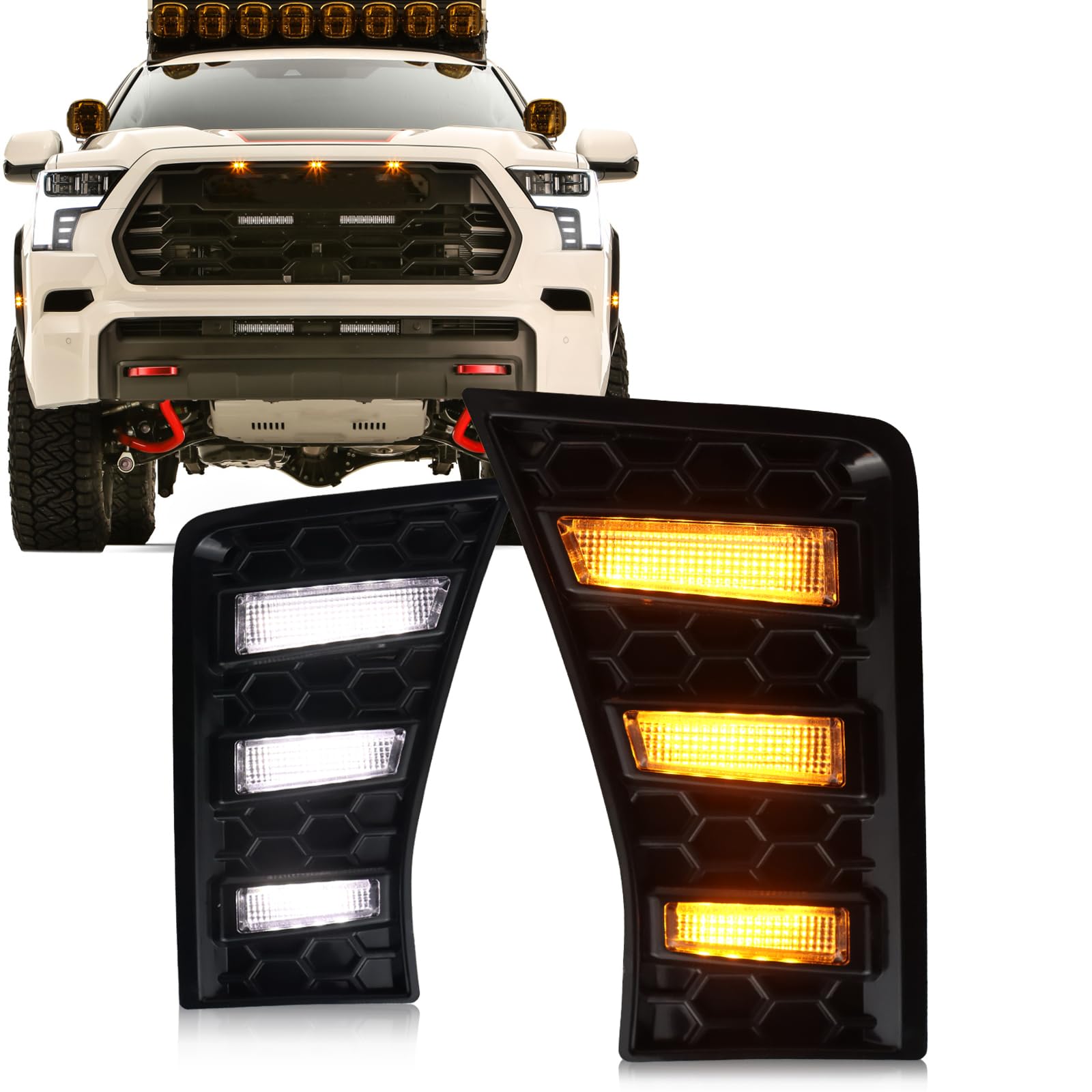 GEEGEETOP Switchback White/Amber Front Bumper Fog Daytime LED Running Light Sequential Turn Signal Feature Compatible with Toyota Sequoia SR5 Limited Platinum TRD PRO Capstone 2023 Fog Light Kit