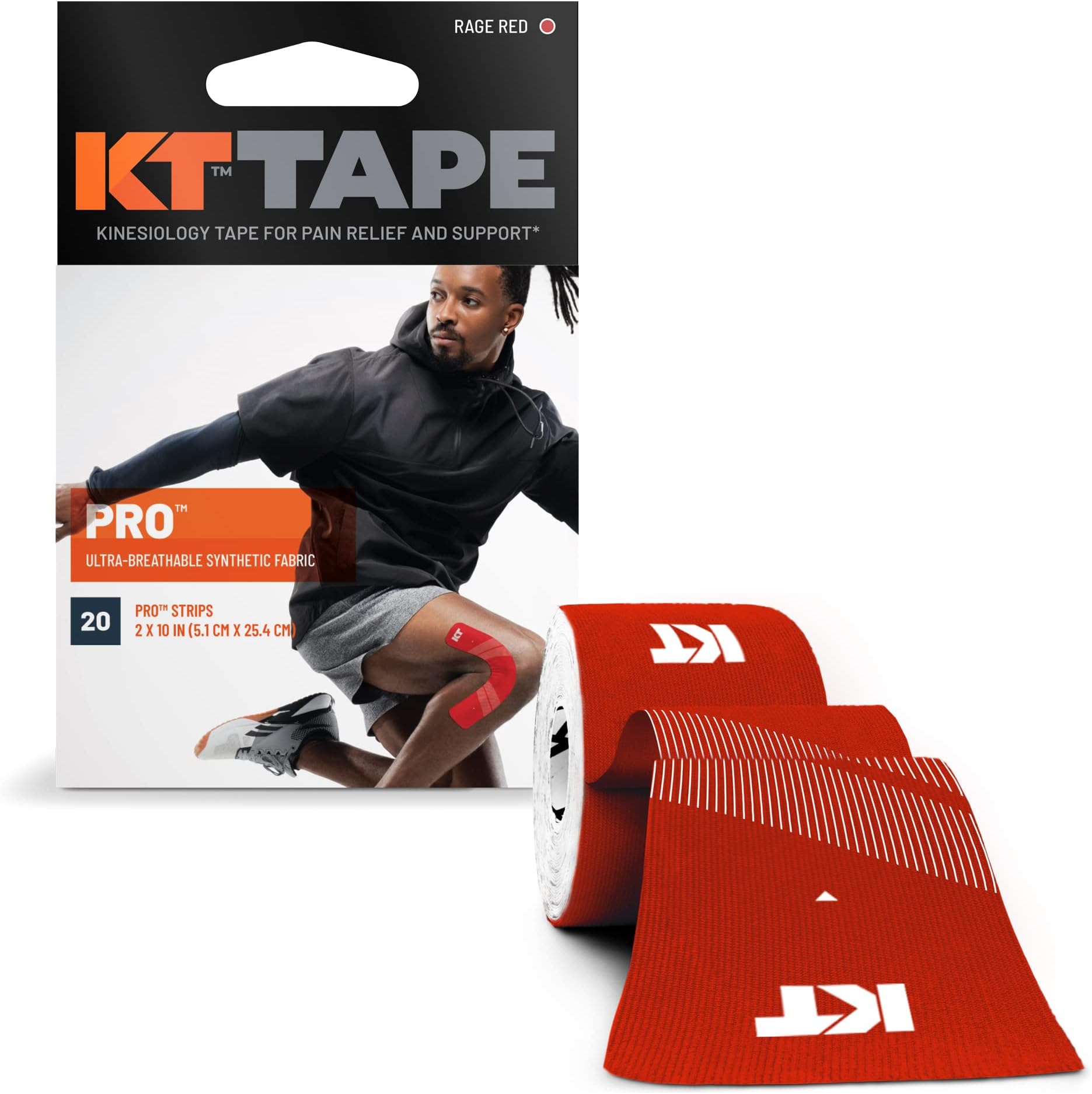 KT Tape Pro Kinesiology Therapeutic Sports Tape, Latex Free, Water Resistance, Pro & Olympic Choice, 20 Precut 10 inch Strips, Rage Red