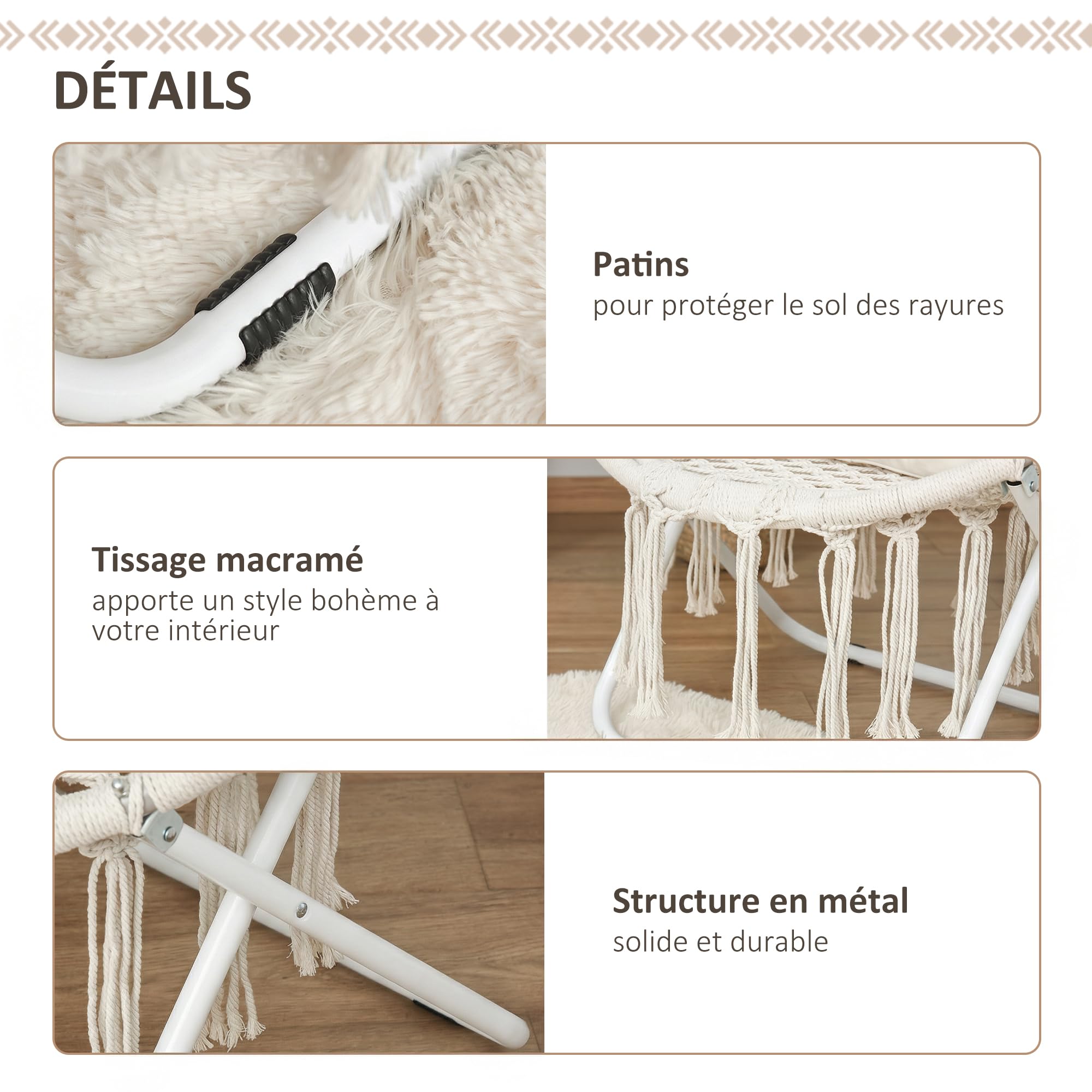 Outsunny Loveuse Fauteuil Rond de Jardin Fauteuil Lune papasan Pliable Grand Confort macramé Coton Polyester Beige