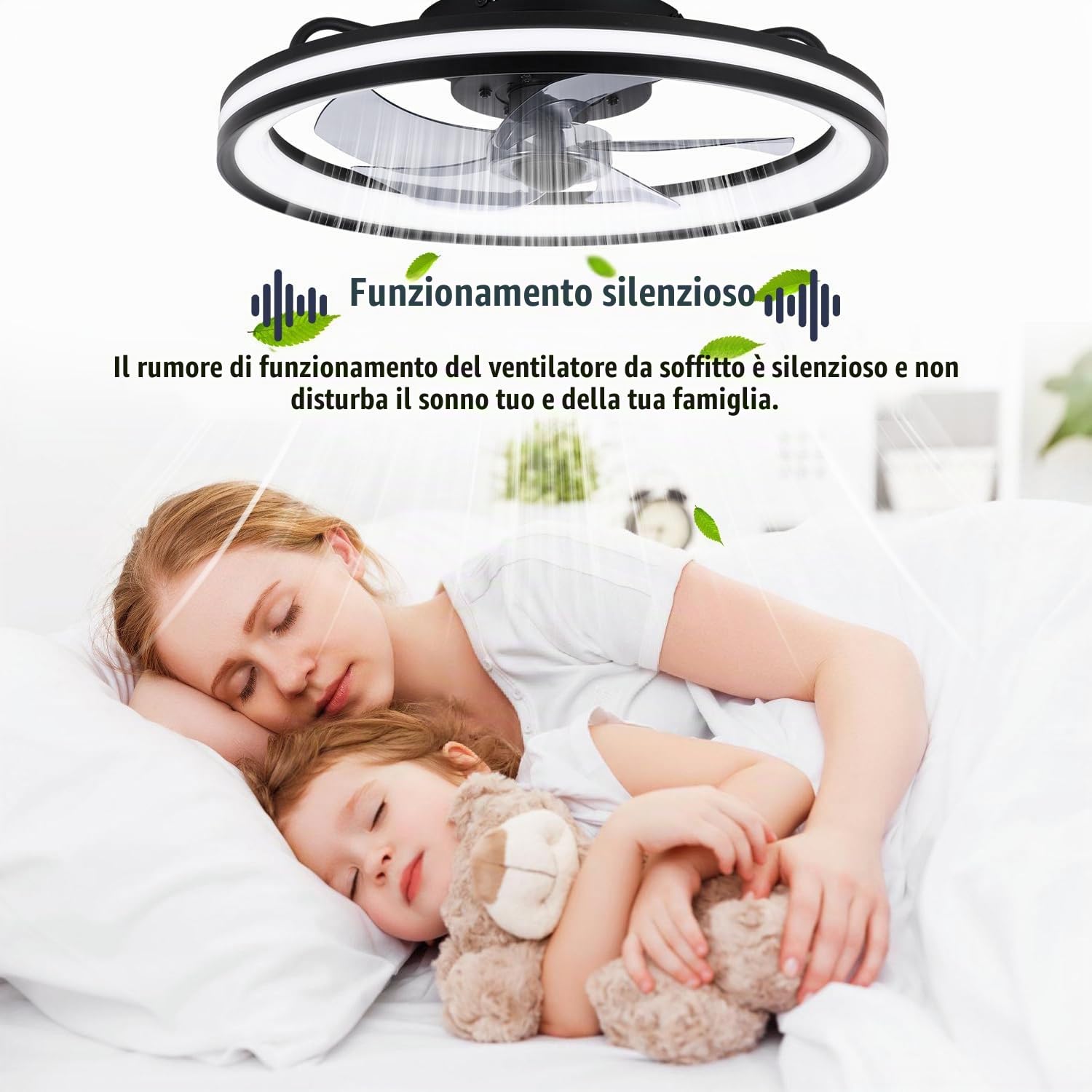 Daromigo Ventilatore da Soffitto con Luce Ø50 cm, Ventilatore LED Dimmerabile con Telecomando e App Bluetooth, 6 Velocità, Timer, Funzione Reversibile Estate/Inverno, per Camera, Nero