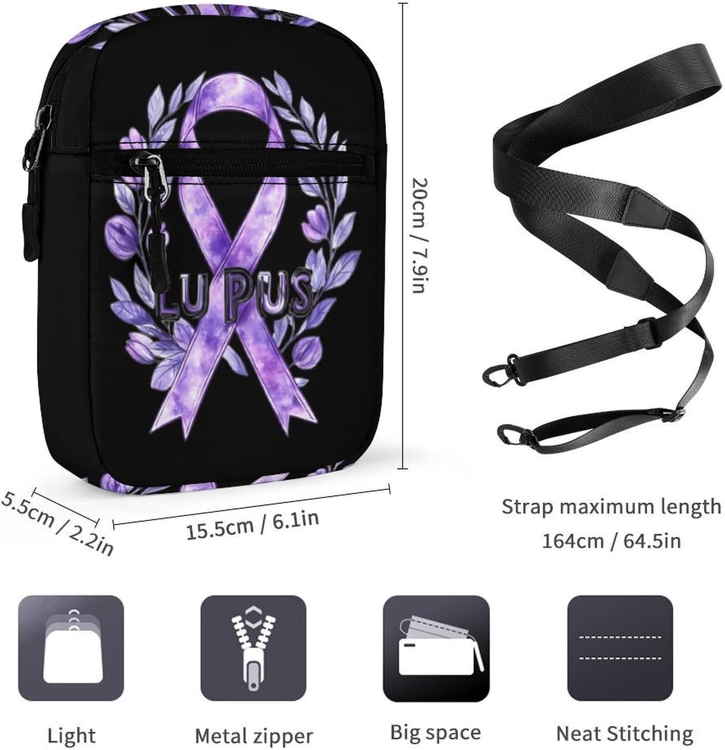 Lupus Fight Cancer Ribbon Small Crossbody Bag Sling Shoulder Satchel | for women men,work travel workout,detachable and adjustable shoulder strap