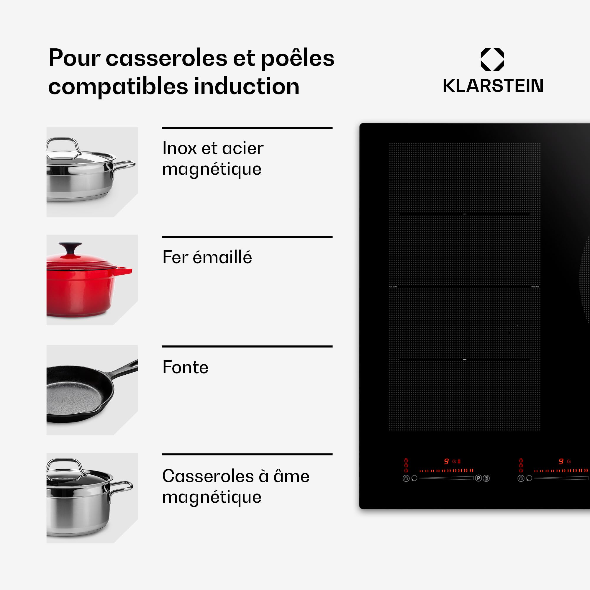 Klarstein Plaque Induction en Céramique de 9600W, Plaque de Cuisson Electrique à Induction, 5 Feux, Tables de Cuisson, Plaques chauffantes Flex Zone, Rechaud Electrique Cuisine
