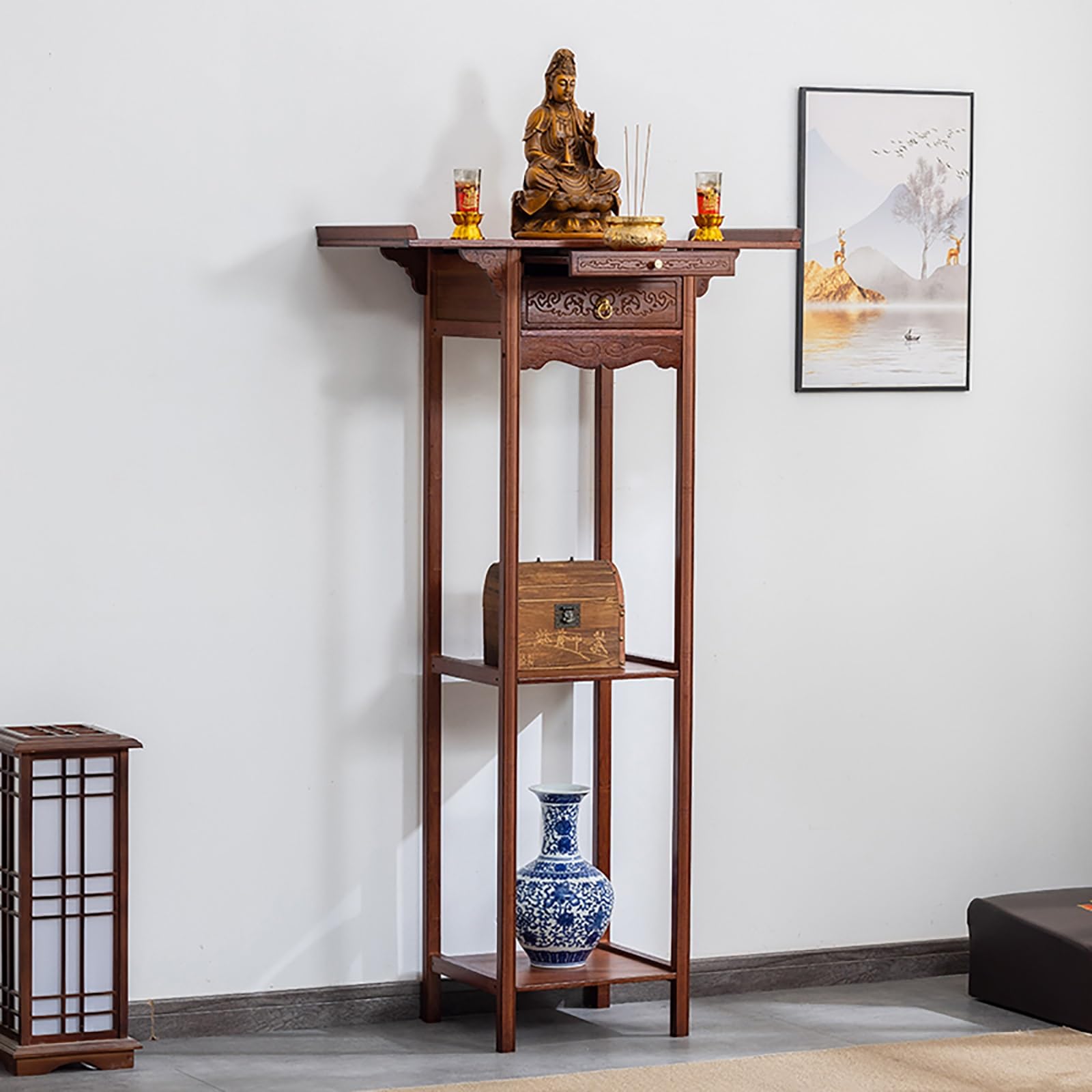 JNTFNE Personal Shrine Altar Table with Storage, Bamboo Meditation Cabniat, Chinese Cabinet Offering Buddha Niche, for Living Room, Bedroom, Office(66cm/26in)