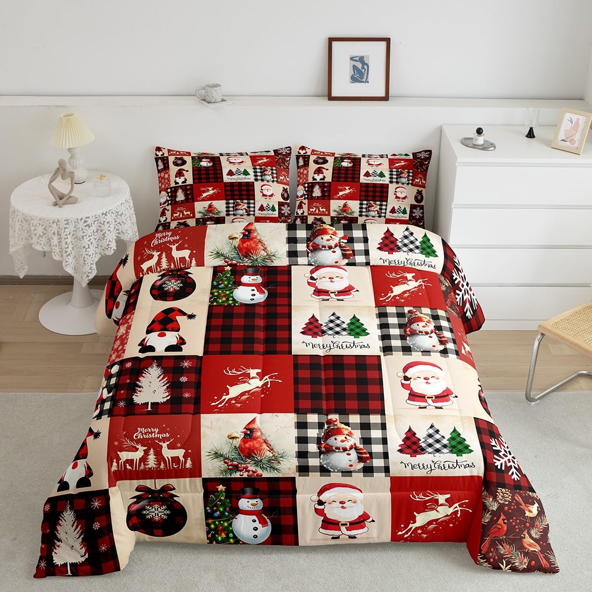 Manfei Christmas Comforter Set King Size, Deer Tree Snowman Santa Claus Print Quilt Set with 2 Pillowcases, Plaid Grid Print Bedding Set 3pcs for Kids Boys Girls Bedroom Decor