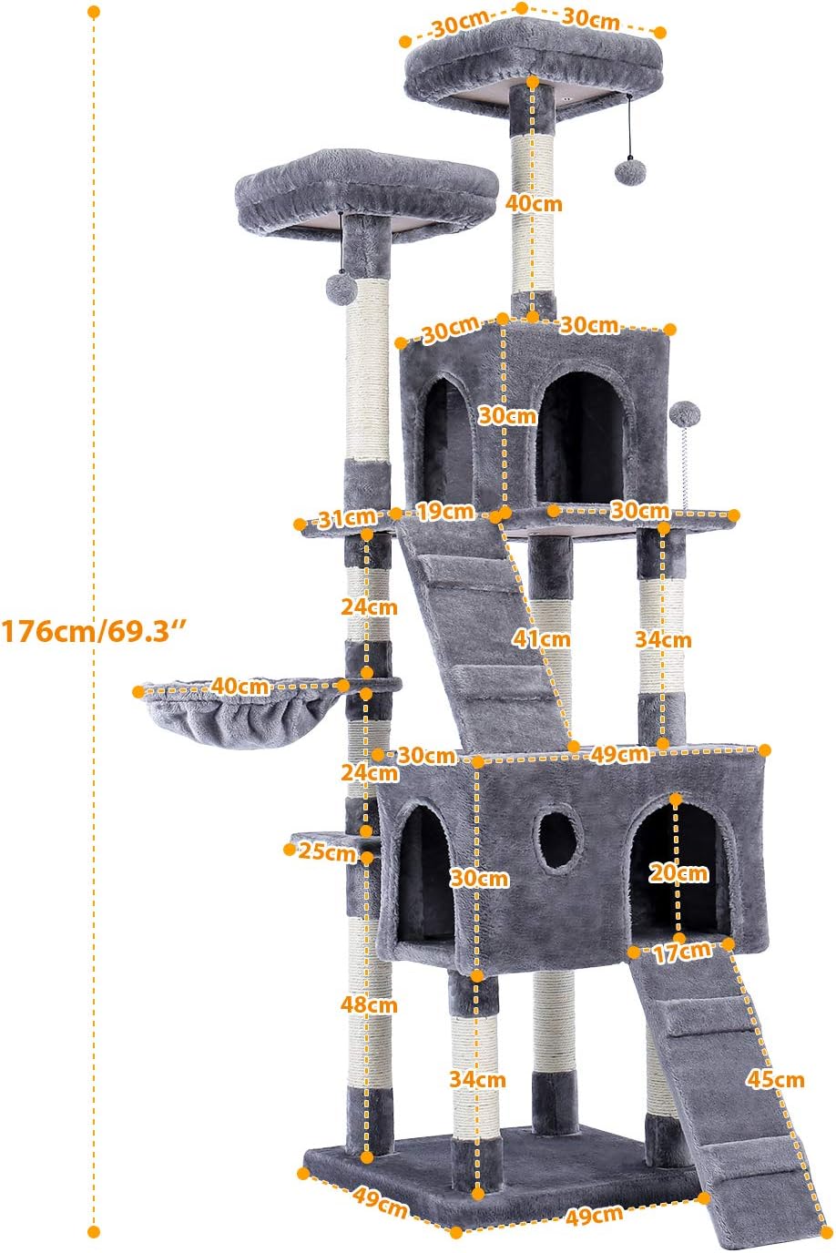 PAWZ Road 69 Inches Cat Tree with 2 Condos and 2 Perches, Kitty Climber Tower Furniture, Upgraded Version Grey : Pet Supplies