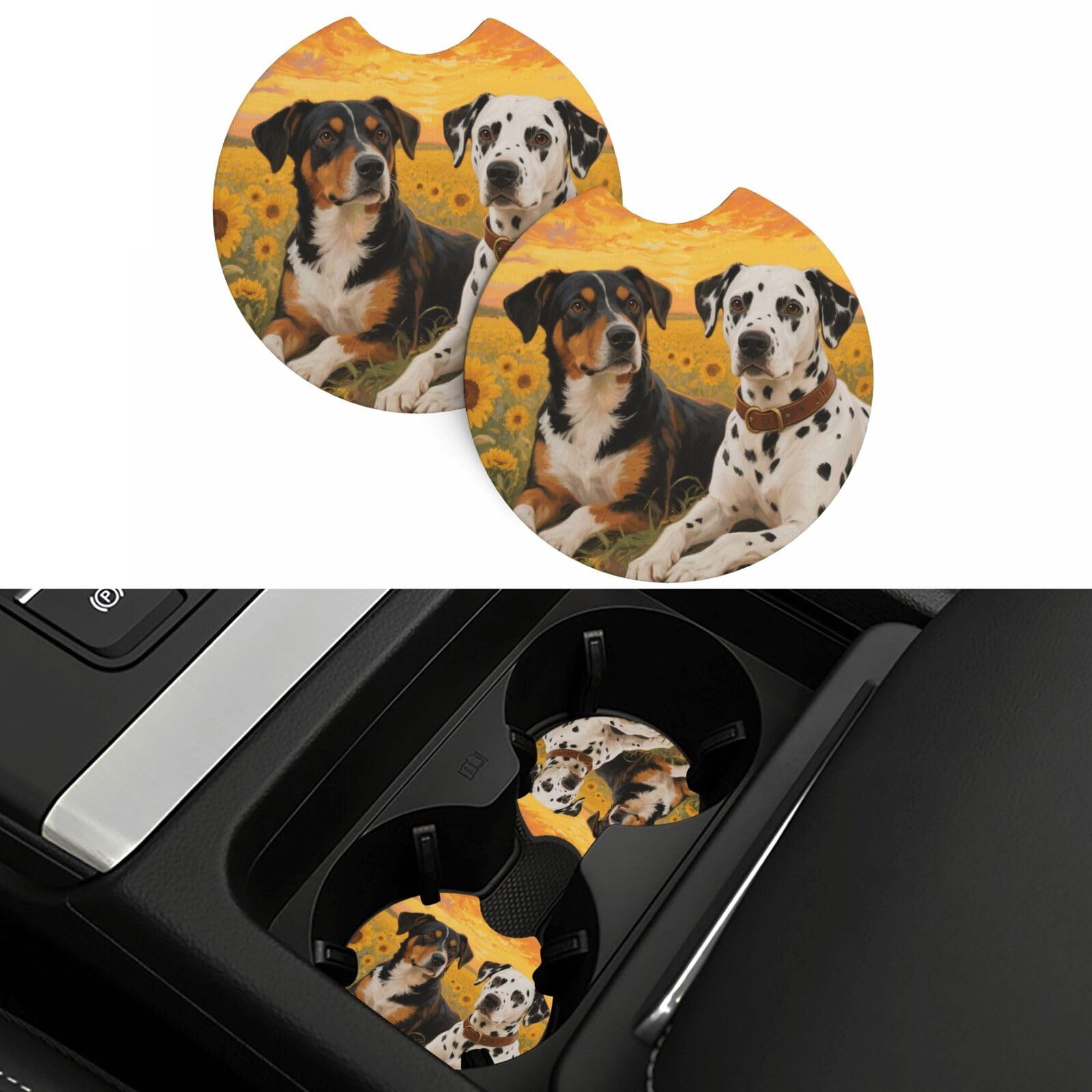 2 Pack Car Coasters,2.7" Universal Car Cup Holder Coasters Non-Slip Neoprene Cup Pad Mat Coaster Car Interior Accessories for Women Men Dog Paint and Sunset