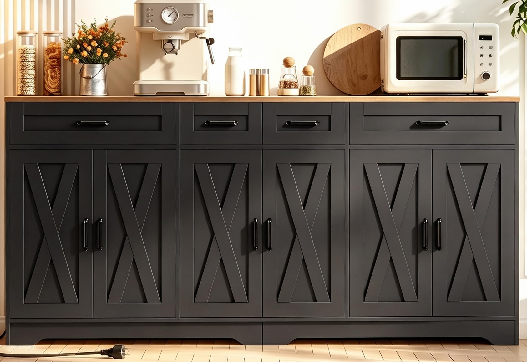 Buffet Cuisine 180 cm, Buffet Salle a Manger avec Multiprises,Noir
