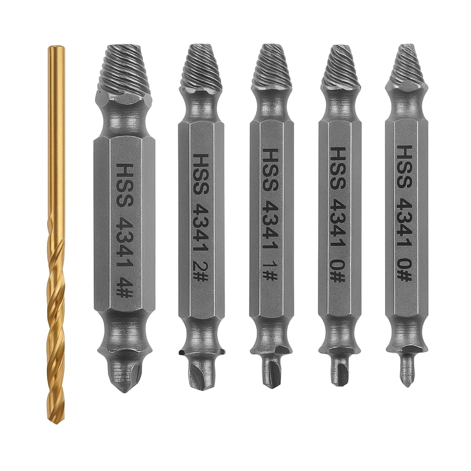 6PCS Damaged Screw Remover and Extractor Set, HSS 4341 Steel, Double-Ended Drill Bits for Removing Stripped, Broken, or Rusted Screws and Bolts, Includes Carbide Drill Bit, for DIY & Professional Use