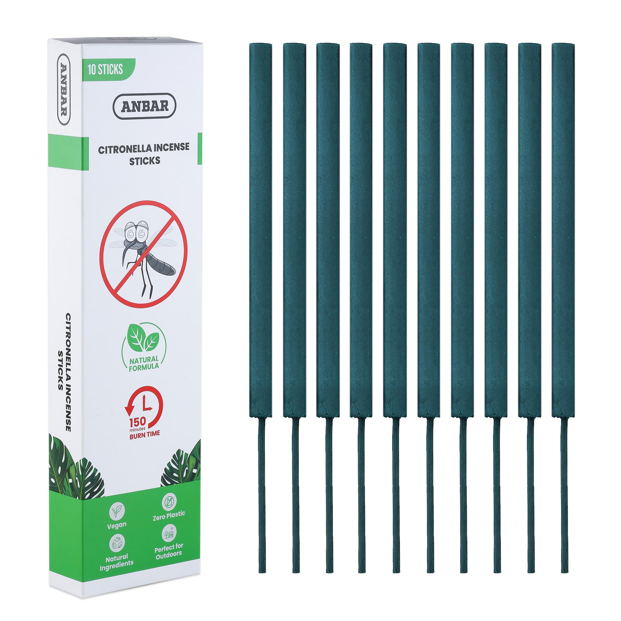 Anbar Citronella Incense Sticks - Natural Plant Based with Refreshing Citrus Scent, Lasting Up To 2.5 Hours, For Indoor/Outdoor Use, Garden, Camping, BBQ. 10 Sticks