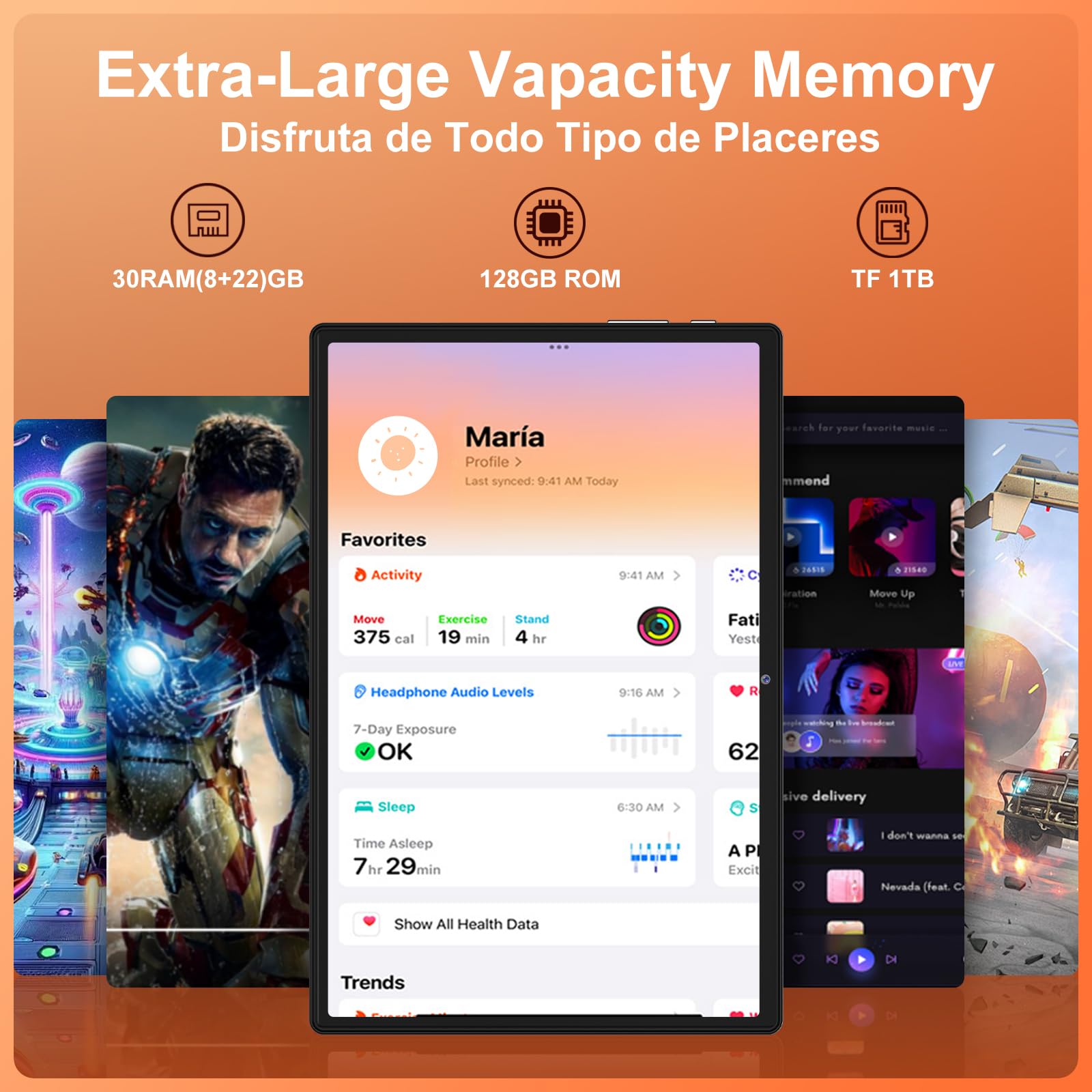 Tablet 30GB RAM 128GB ROM(TF 2TB Expandible), 10 Pulgadas 8000mAh/ WIFI 5G/ BT5.0/ OTG/ GPS, Cámara 5+8 MP, Certificación GMS, Widevine L1, Tableta de Cuerpo Metálico con Funda Protectora -Negro