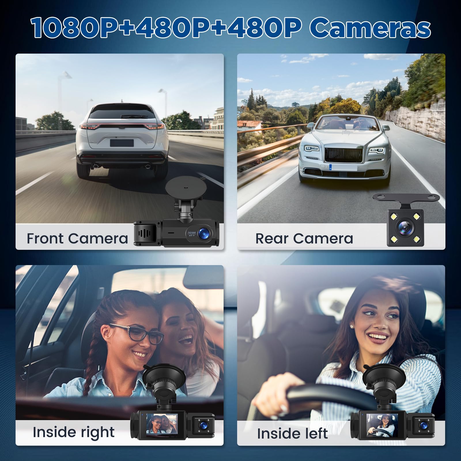 Dash Cam Auto Senza Fili WiFi – 3 Canali Fronte Interno Retro, Full HD 1080P, 2” IPS, Visione Notturna, Rilevamento Movimento, Loop, Obiettivo Rotabile