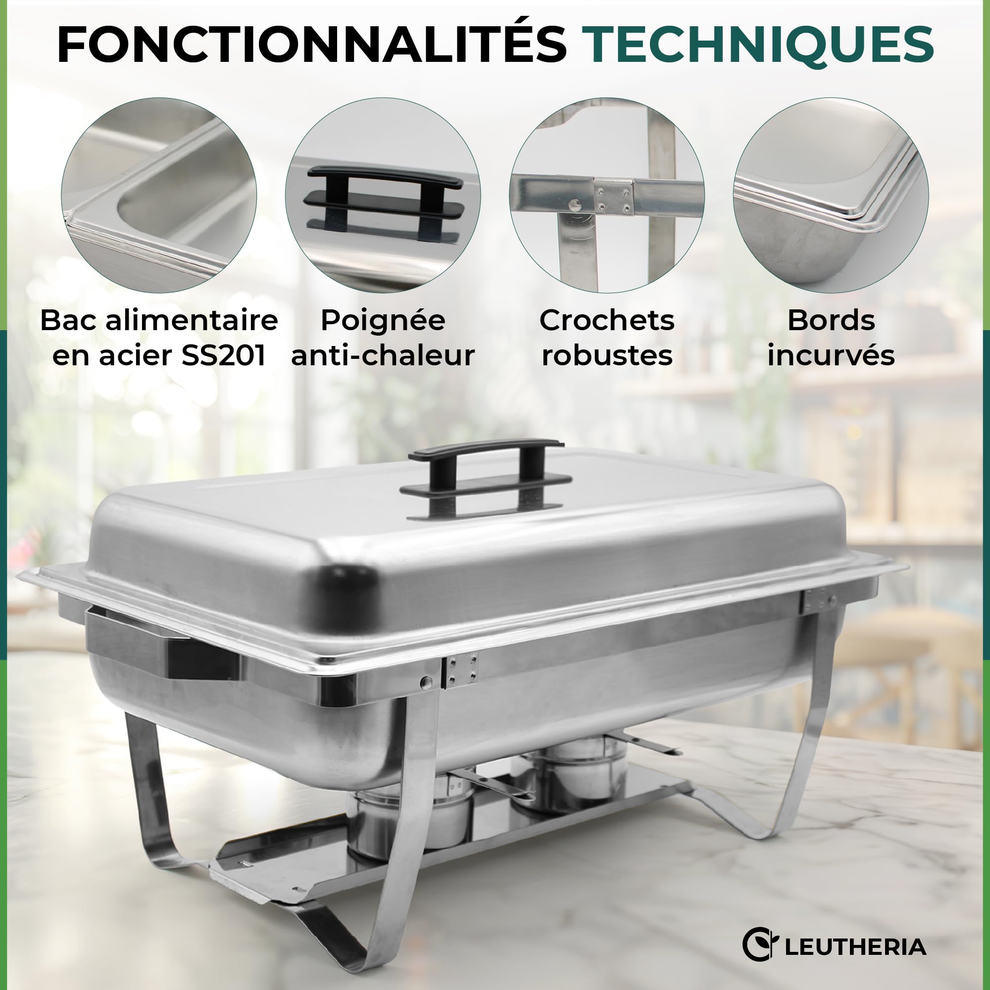 Lot de 4 Chauffe Plat LEUTHERIA - Chafing Dish ou rechaud en INOX Alimentaire pour Buffet/Bain Marie Professionnel/Maintien au Chaud/Traiteur/hôtel/Restaurant - Acier Inoxydable SS201