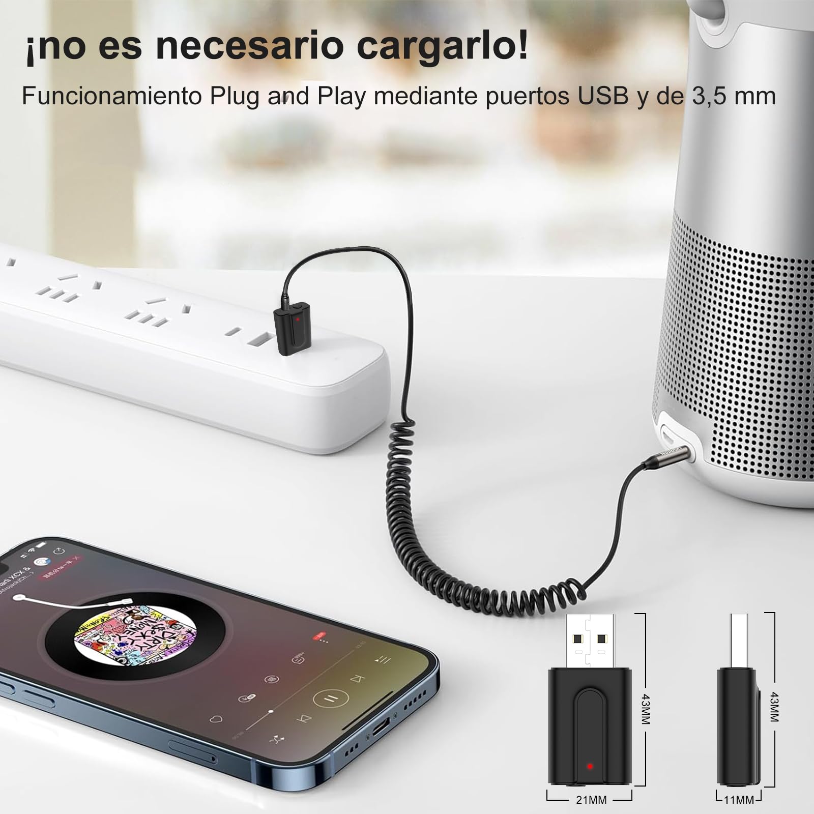 USB Bluetooth 5.0 Transmisor y Receptor, 2 en 1 Adaptador Audio con Jack 3.5mm Cable para Televisión PC Amplificador Coche Móvil Altavoces