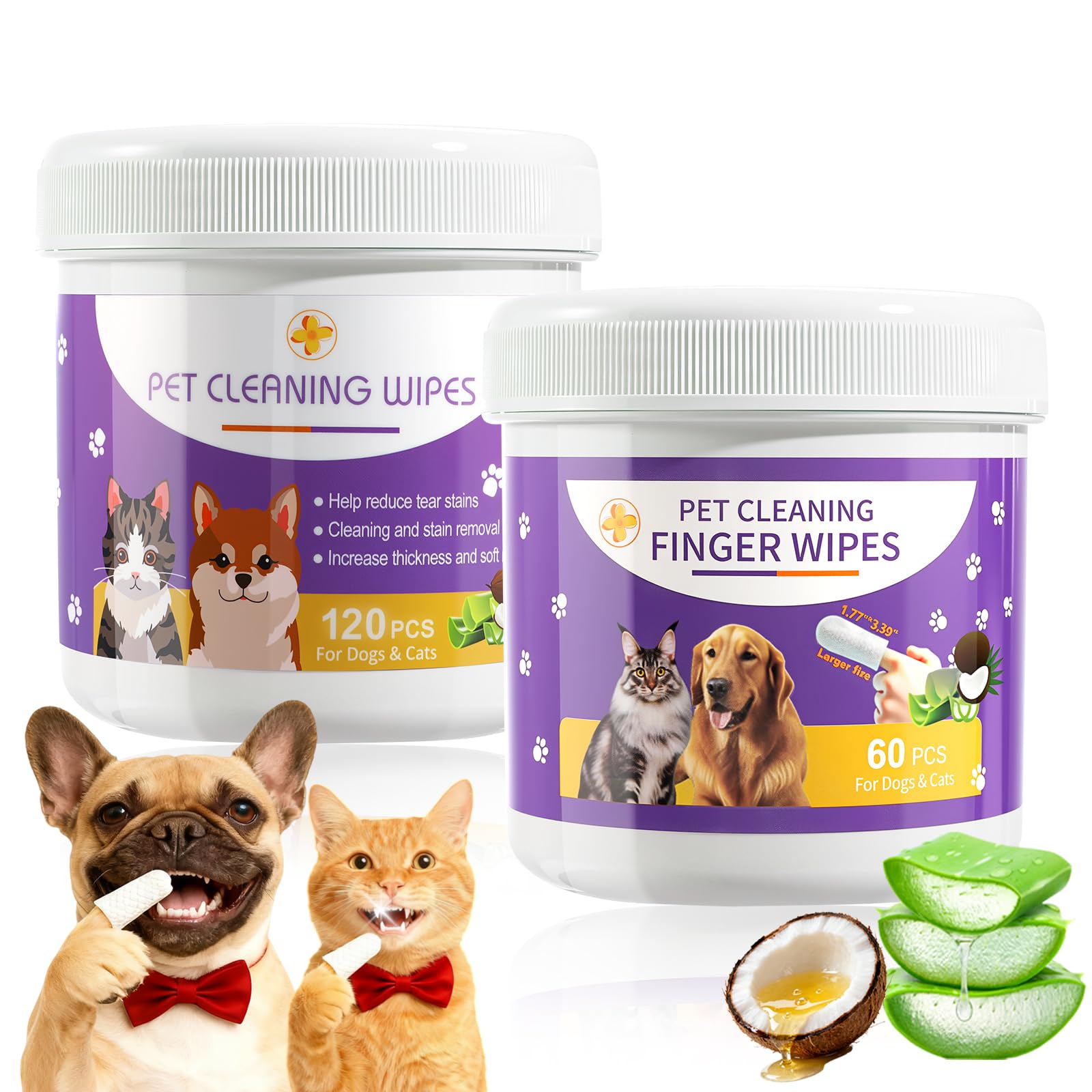 MeCids Pet Cleaning Wipe and Dogs Teeth Cleaning Finger Wipes Set 180PCS, Gentle Pet Wipes for Dogs &amp; Cats Eyes, Ear, Paws, Butt, Face