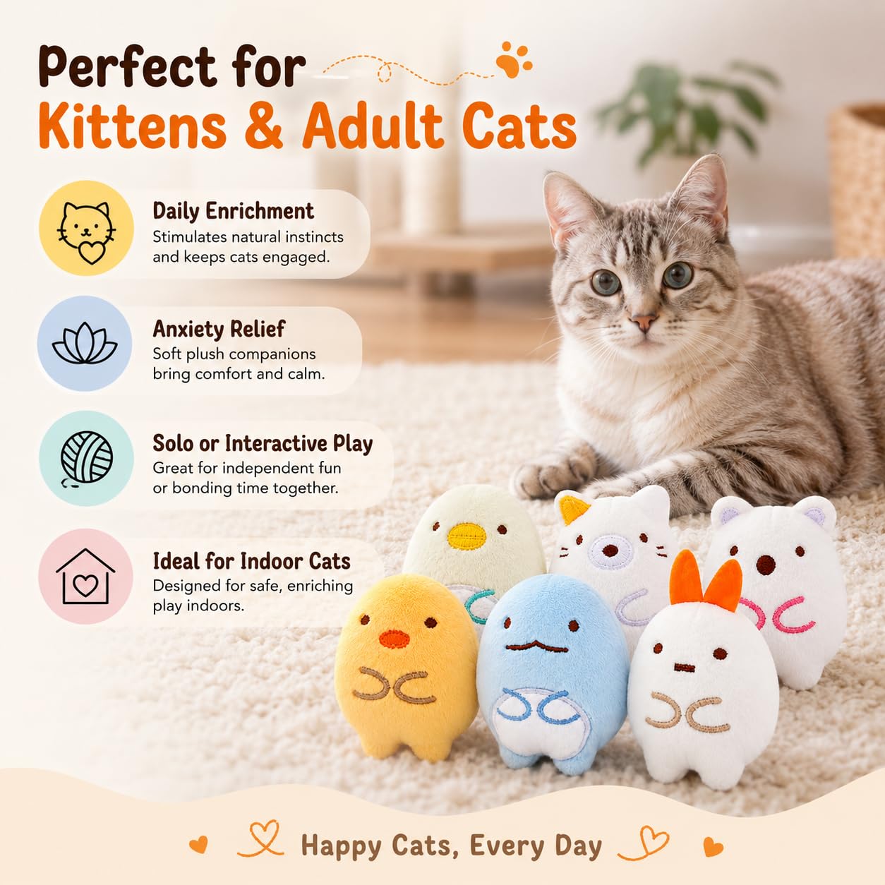 Lot de 6 jouets interactifs en peluche à mâcher pour chat d'intérieur - Jouets à mâcher - Soulage le stress - Cadeaux pour les amoureux des chats