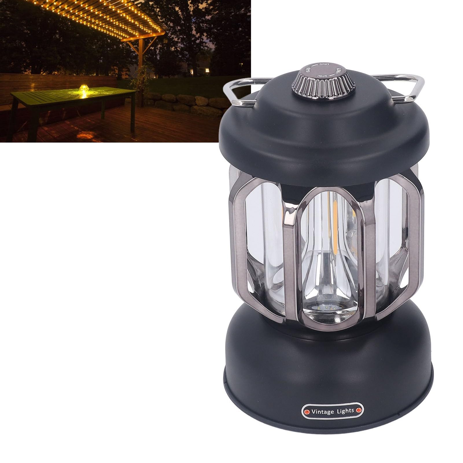 Latarnia kempingowa LED w stylu retro, ładowalna lampa kempingowa typu C przenośne światła kempingowe i latarnie kempingowe 3 tryby ściemniania z haczykiem Lampa namiotowa (czarna)