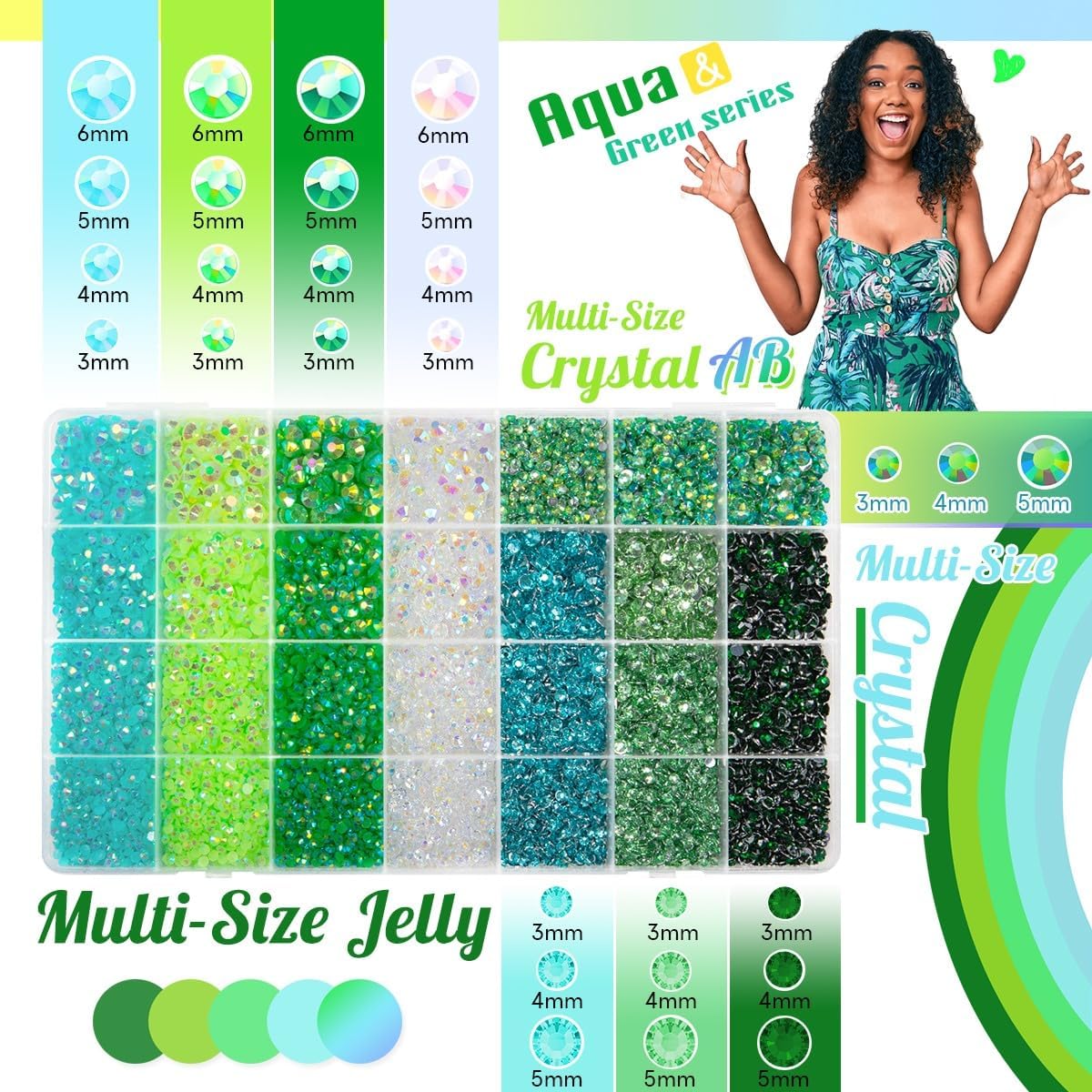 28 Types Green Jelly Resin Rhinestones w B7000 Jewelry Glue for Bedazzling Crafting 3mm-6mm Flatback Colorful Light Green Dark Green AB Stones Gems Diamonds for Nail Face Makeup Crafts Tumblers - Image 2
