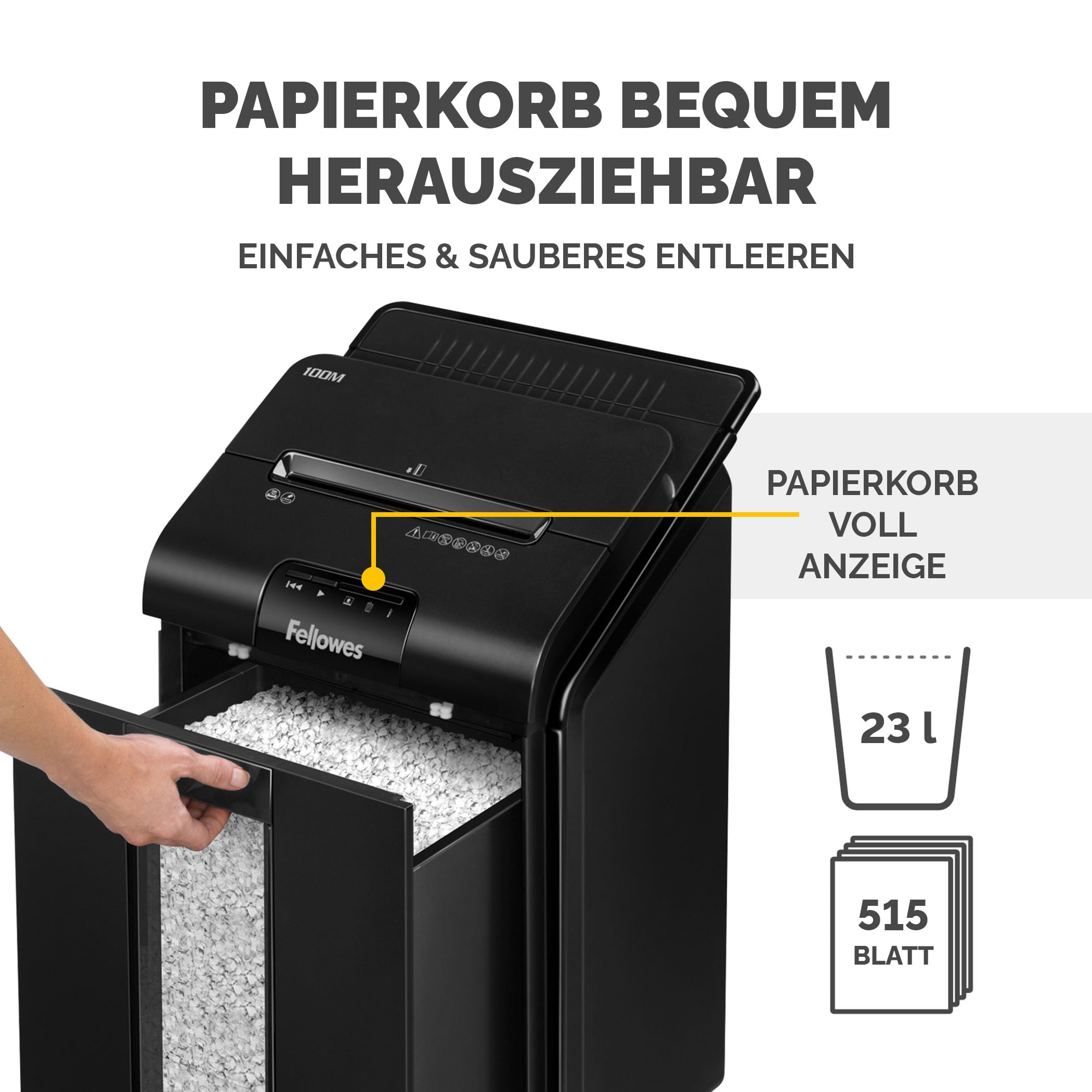 Fellowes Aktenvernichter Autofeed, 100 Blatt Minicut (P4), Papierschredder Hybrid mit automatischem und manuellem Einzug für Büro, AutoMax 100M Schredder, sehr leiser Aktenvernichter, 23L Papierkorb
